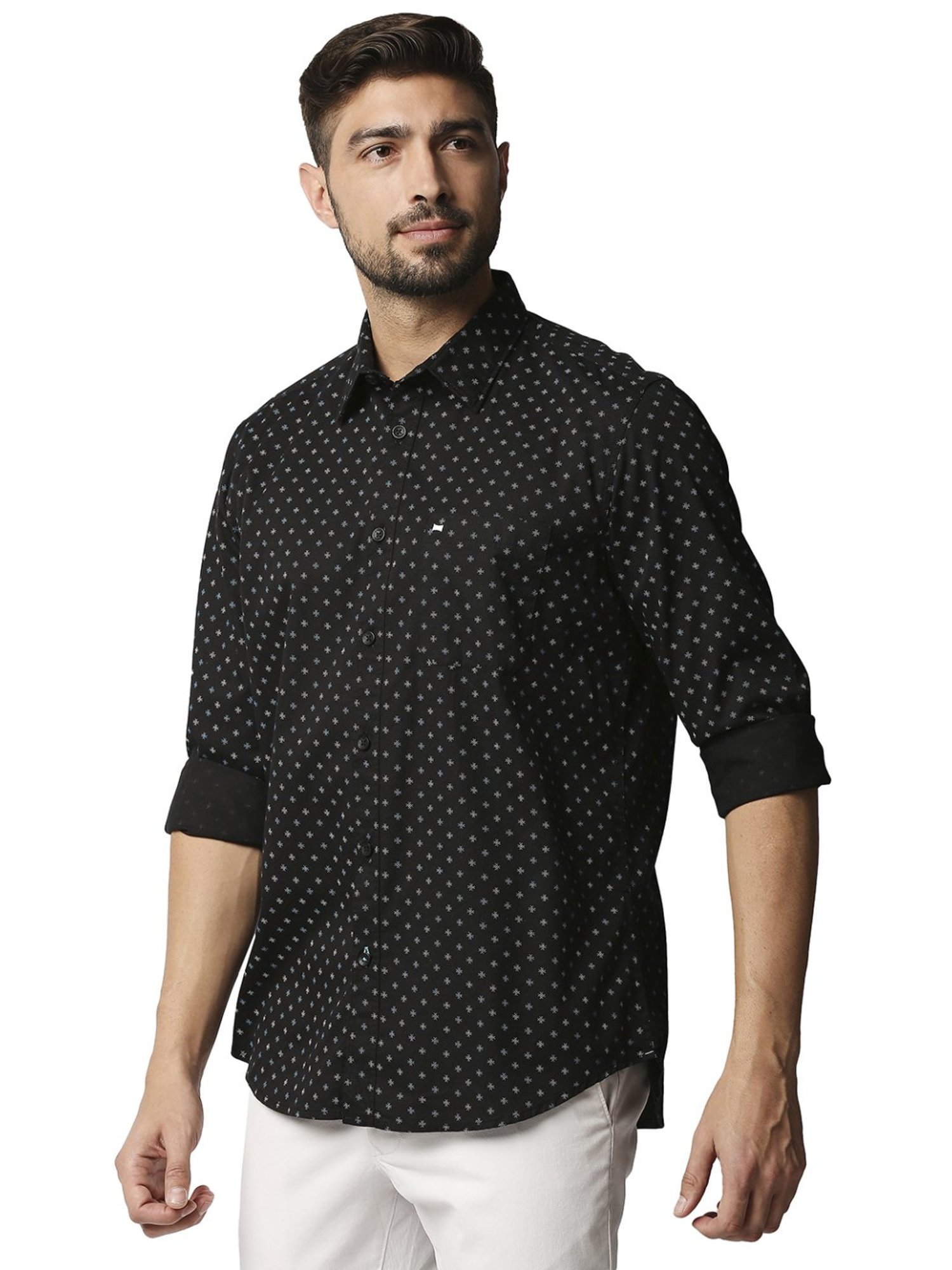 Basics Black Cotton Slim Fit Printed Shirt
