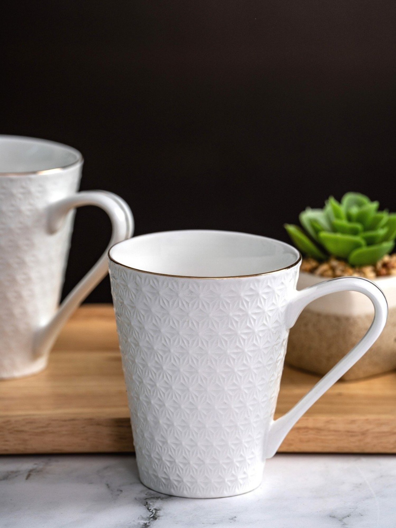 White Gold White Porcelain Emboss Coffee Mug - Set of 2