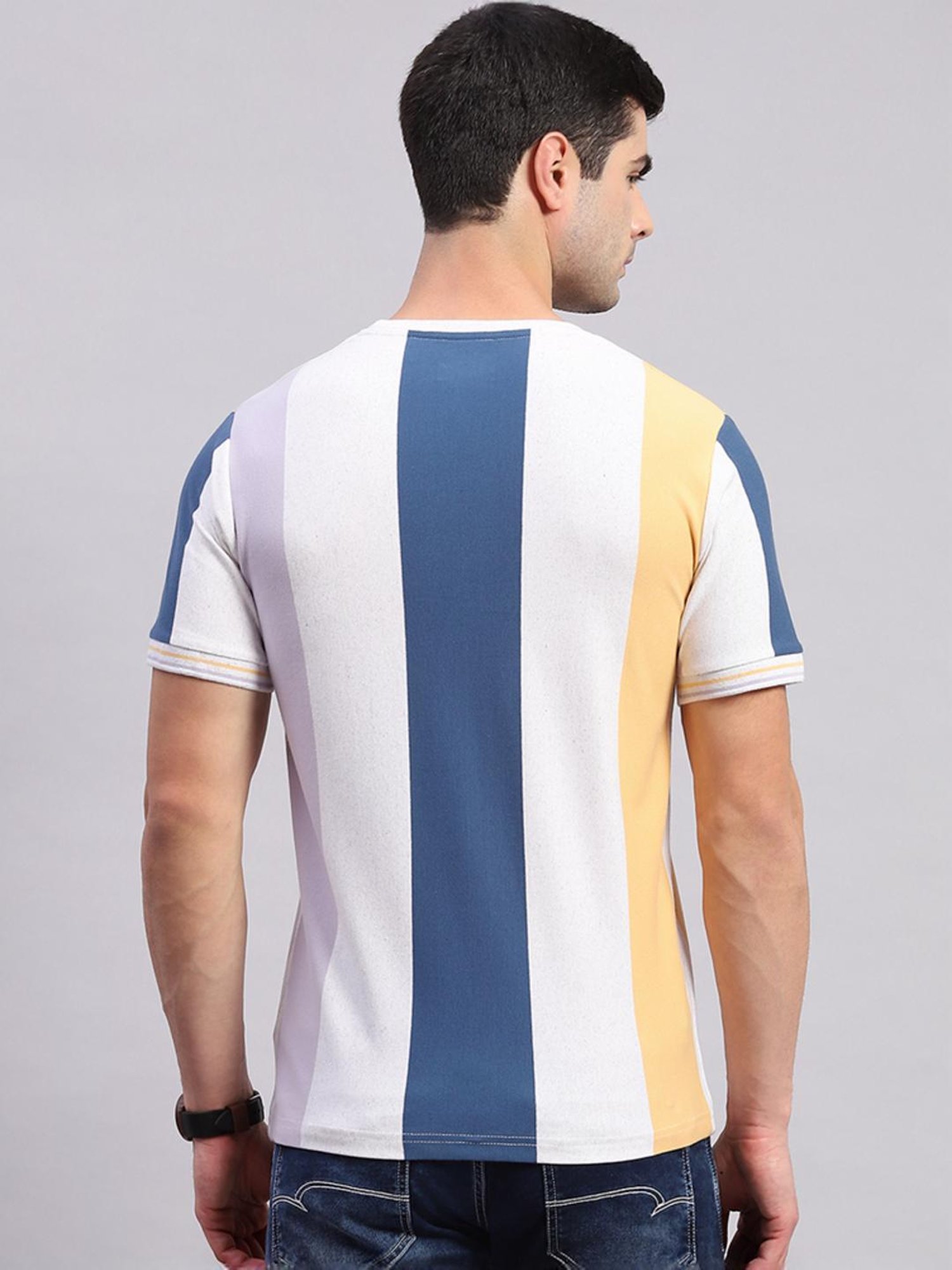 Monte Carlo Ecru & Blue Regular Fit Striped T-Shirt