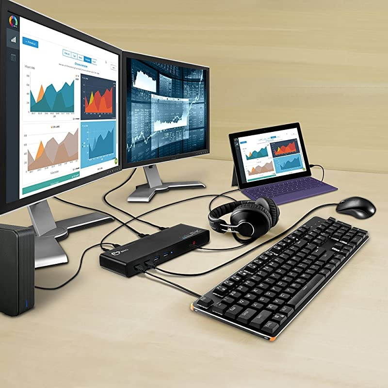 USB Type C 4K Dual Monitor Docking Station - Dual 4K@60HZ or Single 5K@60Hz Video Laptop Dock - Thunderbolt 3 Compatible (2 HDMI, 2 DisplayPort Outputs, Gigabit Ethernet, 6 USB 3.0 Ports)
