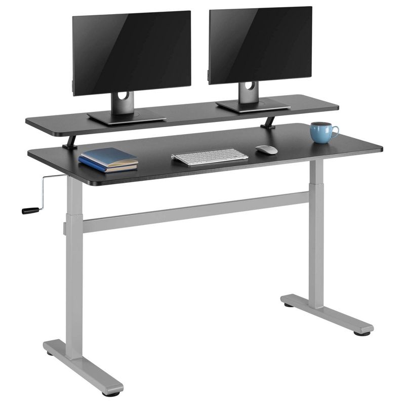 Tranzendesk Standing Desk with Clamp-On Shelf - 55" Sit to Stand Workstation with 55" Monitor Stand - Black with Silver Legs - Stand Steady
