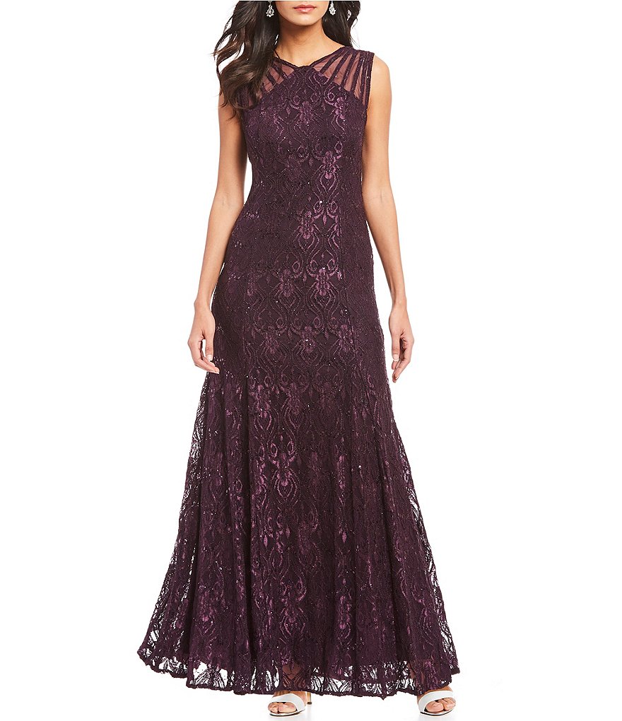 R & M Richards Illusion Shoulder Sleeveless Lace Gown