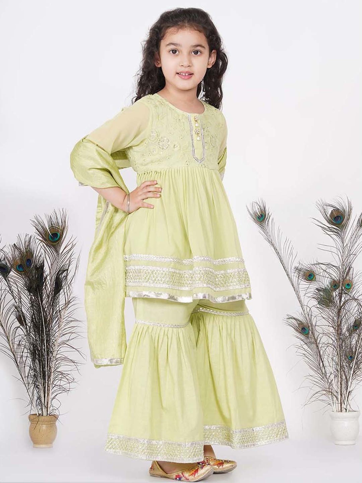 Little Bansi Kids Green Embroidered Kurta Set