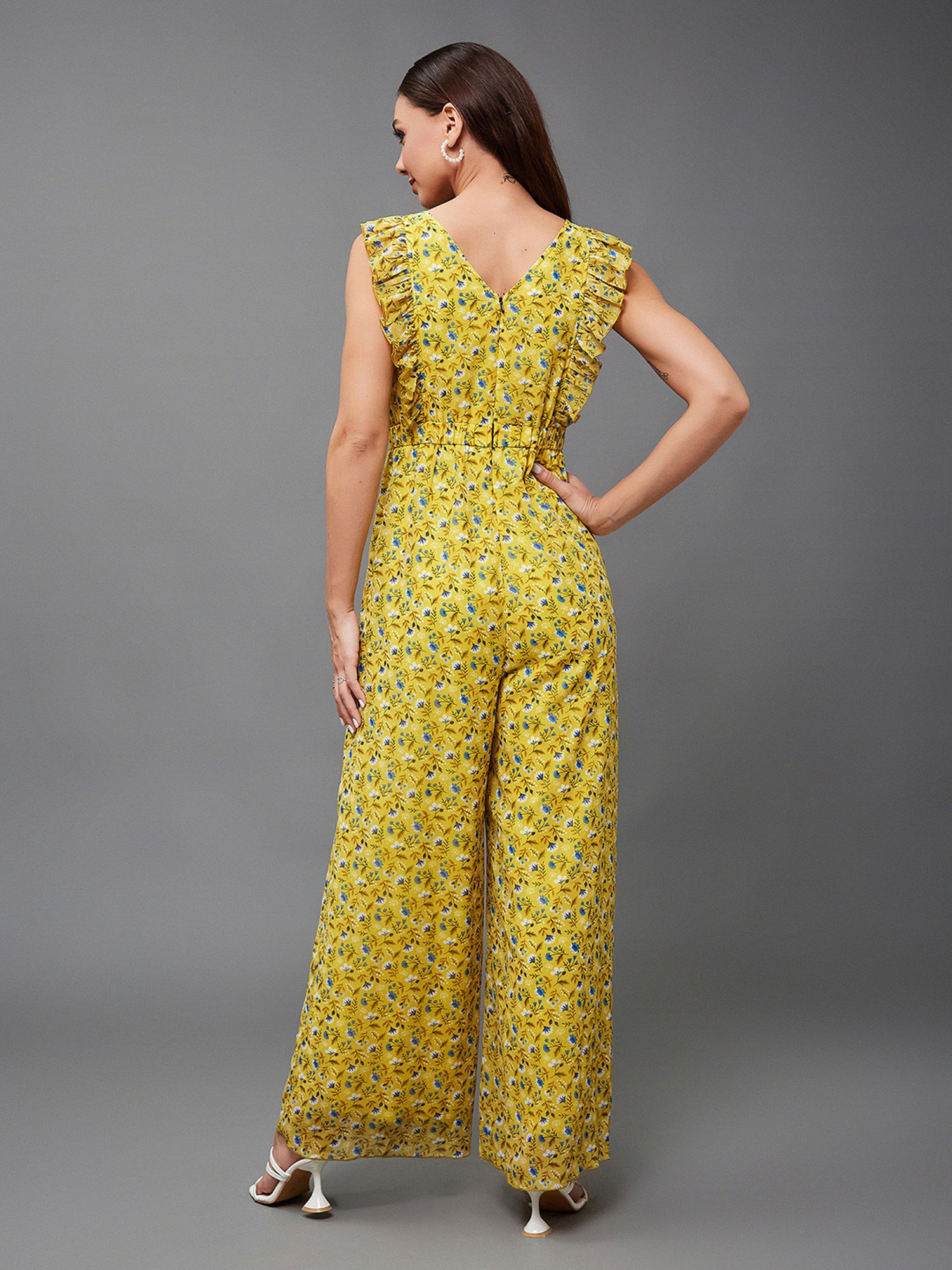 Miss Chase Yellow & Blue Georgette Floral Print Jumpsuit