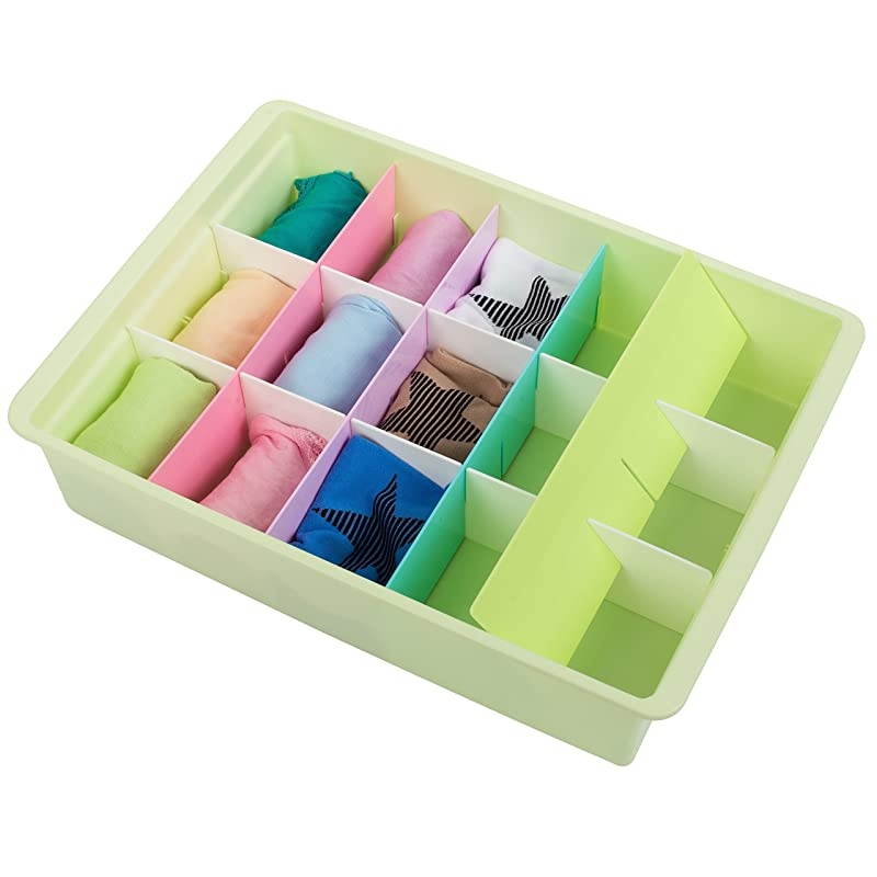 Adjustable Drawer Organizers (6 Set) with Customizable Dividers in Stackable Durable Plastic for Underwear Crafts Baby Clothes Office Bathroom & Under Sink Storage (Multicolor)