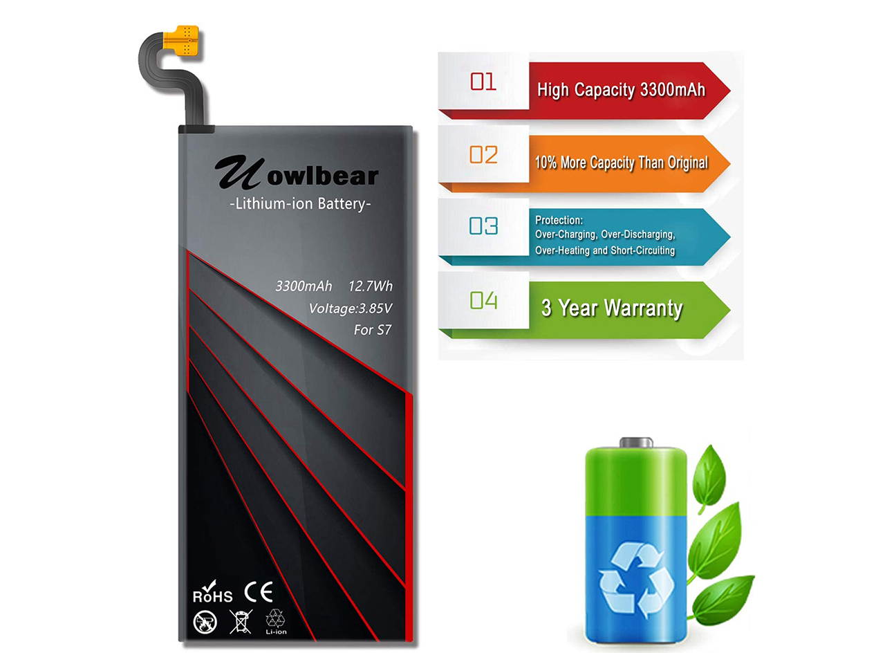 uowlbear Replacement S7 Battery for Samsung Galaxy S7 G930 G930V G930A G930T G930P with Complete Replacement Kits - 3300mAh High Capacity