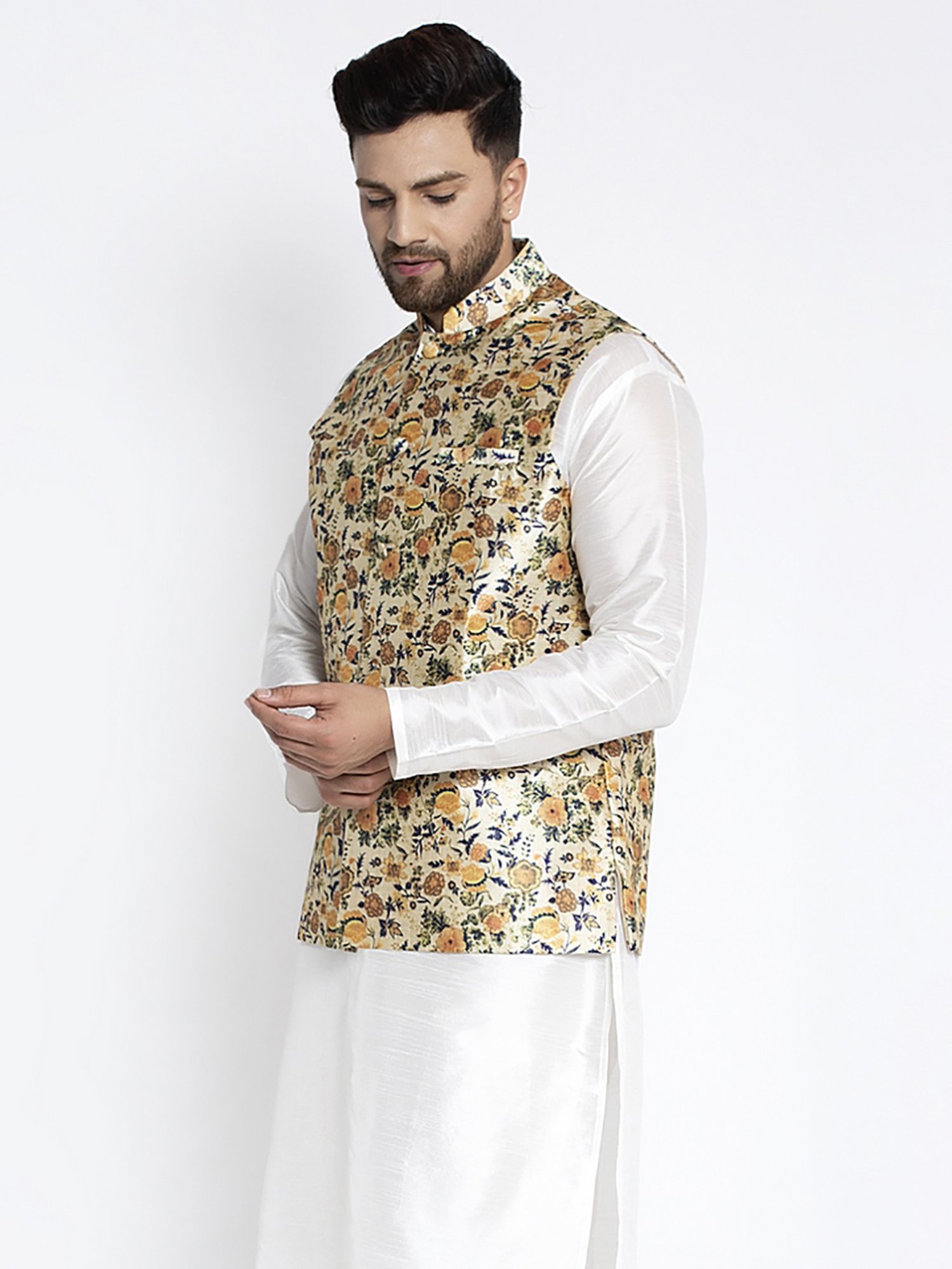 Benstoke Beige Regular Fit Floral Print Nehru Jacket