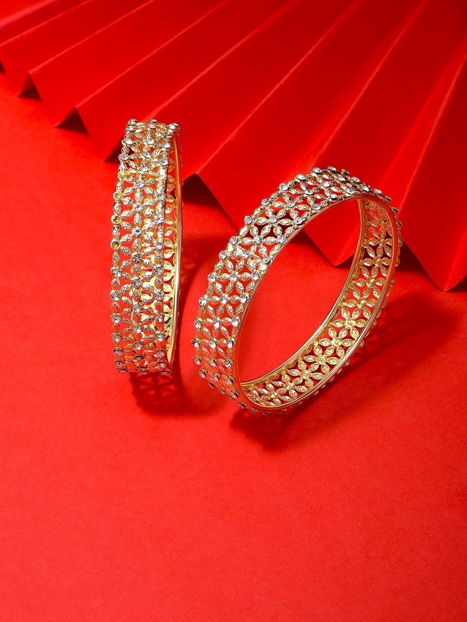 ToniQ Classy Gold-Plated Floral Cz Stone Studded Ethnic Bangle - Set of 2