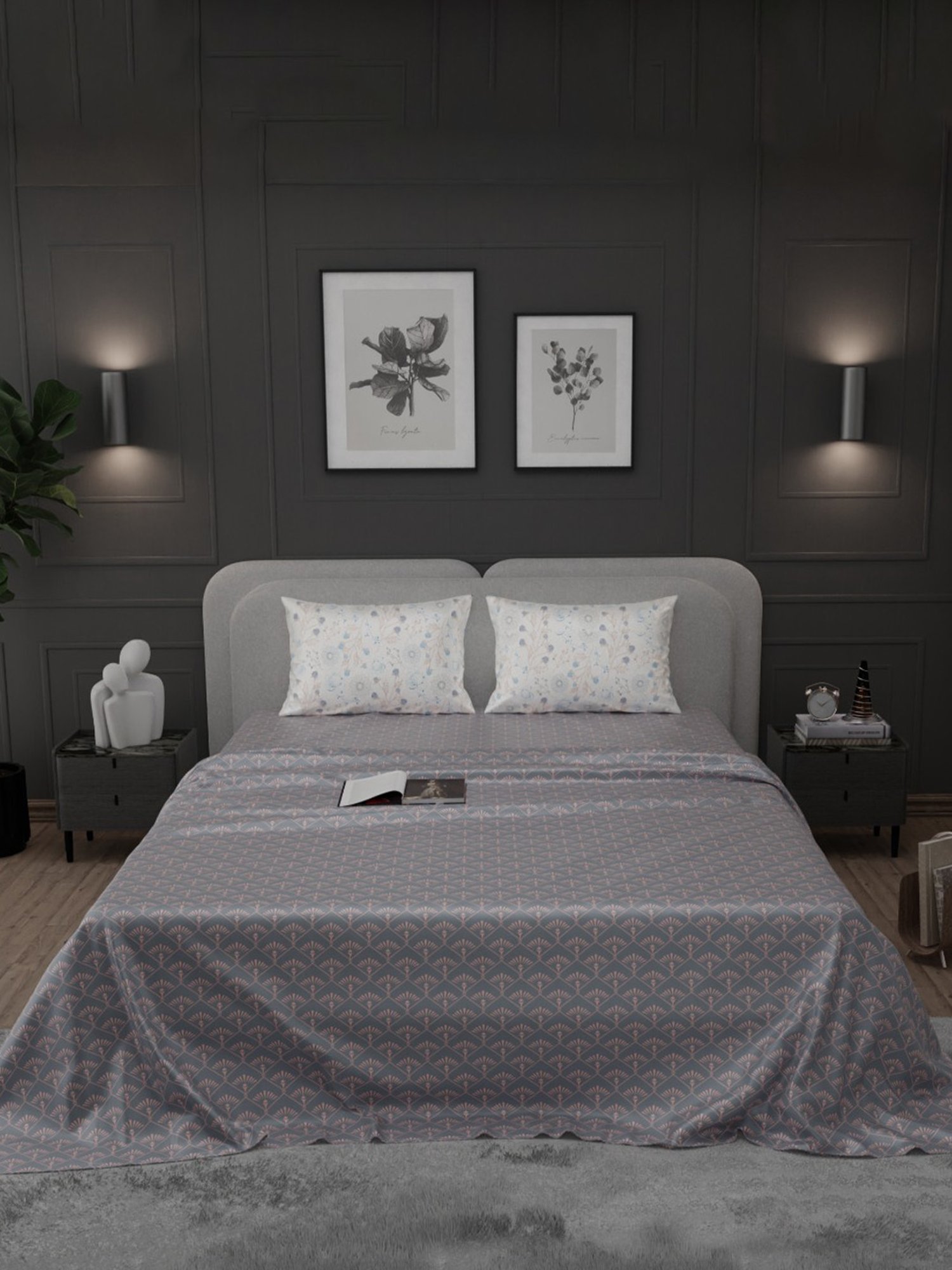 Stoa Paris Elegance Grey Polyester 300 TC Sateen Super King Size Bed Sheet With 2 Pillow Covers