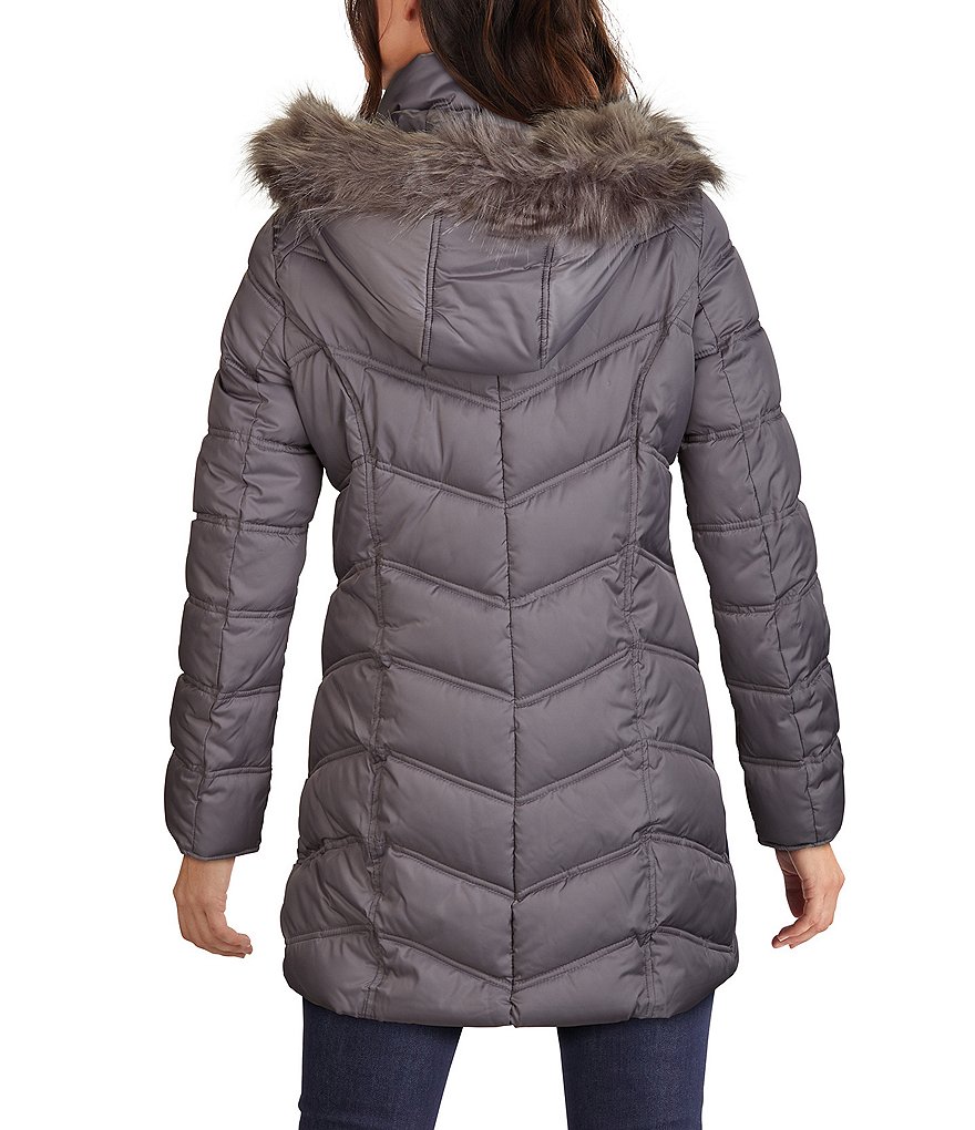 Kenneth Cole New York Faux Fur Trim Hooded Stand Collar Neck Long Sleeve Chevron Quilted Puffer Coat