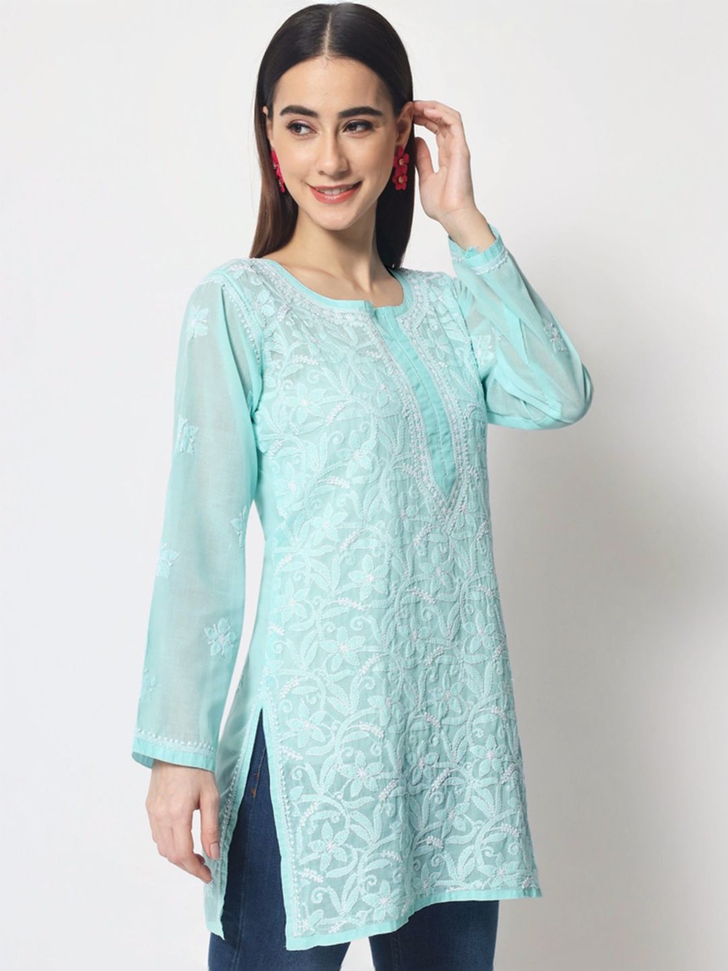 PARAMOUNT CHIKAN Sea Green Cotton Hand Embroidered Chikankari Straight Kurti