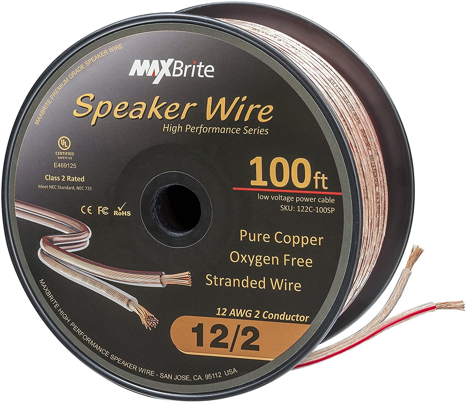 High Performance 12 Gauge Speaker Wire Oxygen Free Pure Copper - UL Listed Class 2 (100 Feet Spool)