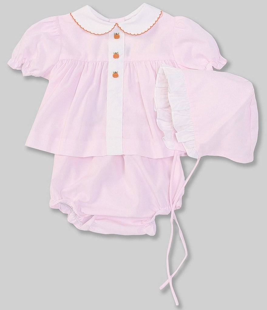 Petit Ami Baby Girls NewbornShort-Sleeve Pumpkin-Embroidered Top, Diaper Cover & Bonnet Set