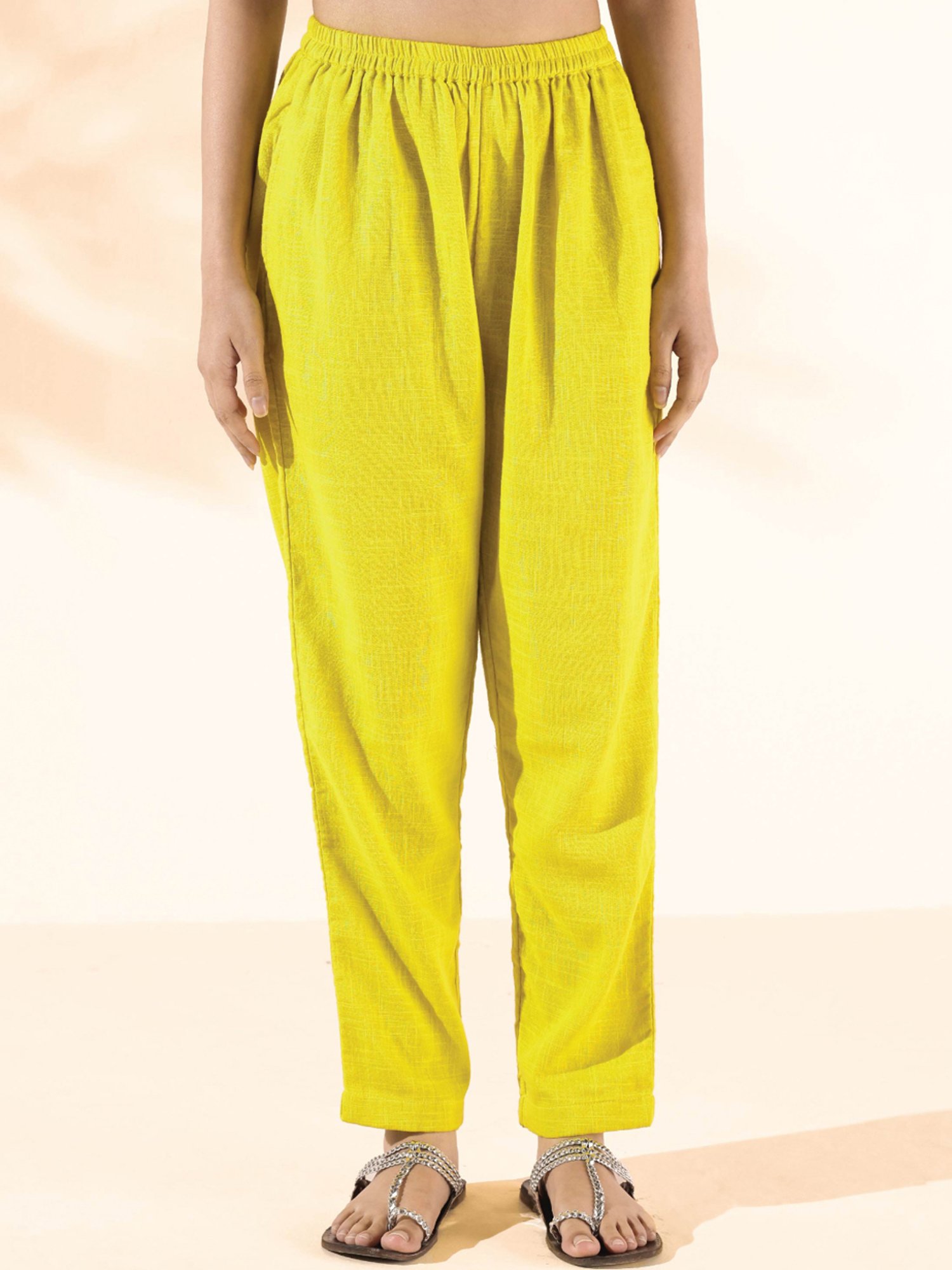 true Browns Yellow Self Pattern Tunic Pant Set