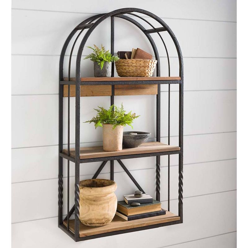 Plow & Hearth - Deep Creek Wood and Metal Arched Wall Shelf with Rustic Reclaimed Pine Shelves