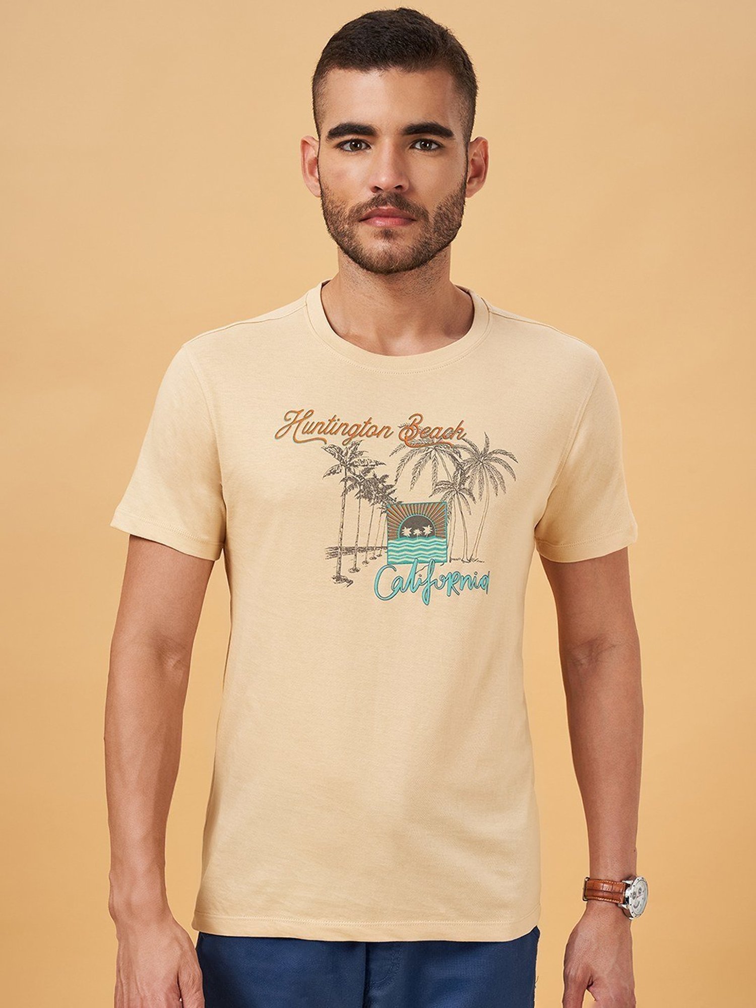 Urban Ranger by Pantaloons Light Beige Cotton Slim Fit Printed T-Shirt