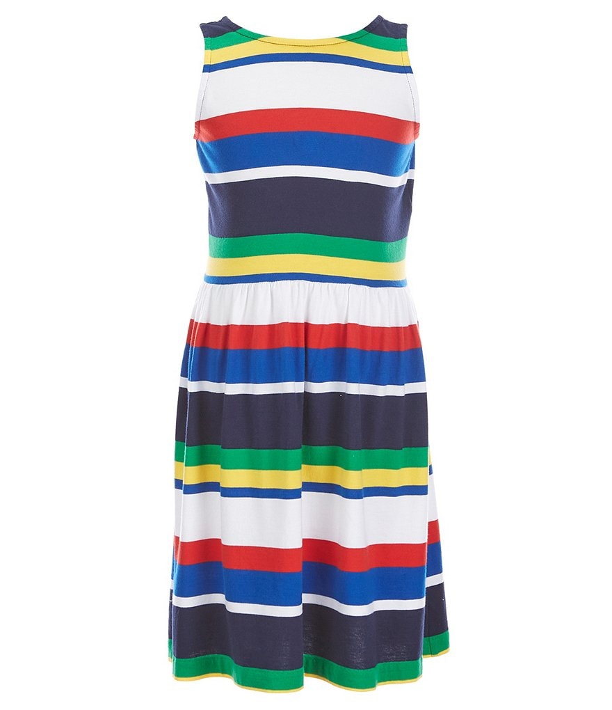 Polo Ralph Lauren Big Girls 7-16 Sleeveless Shirred-Waist Striped Knit Fit-And-Flare Dress