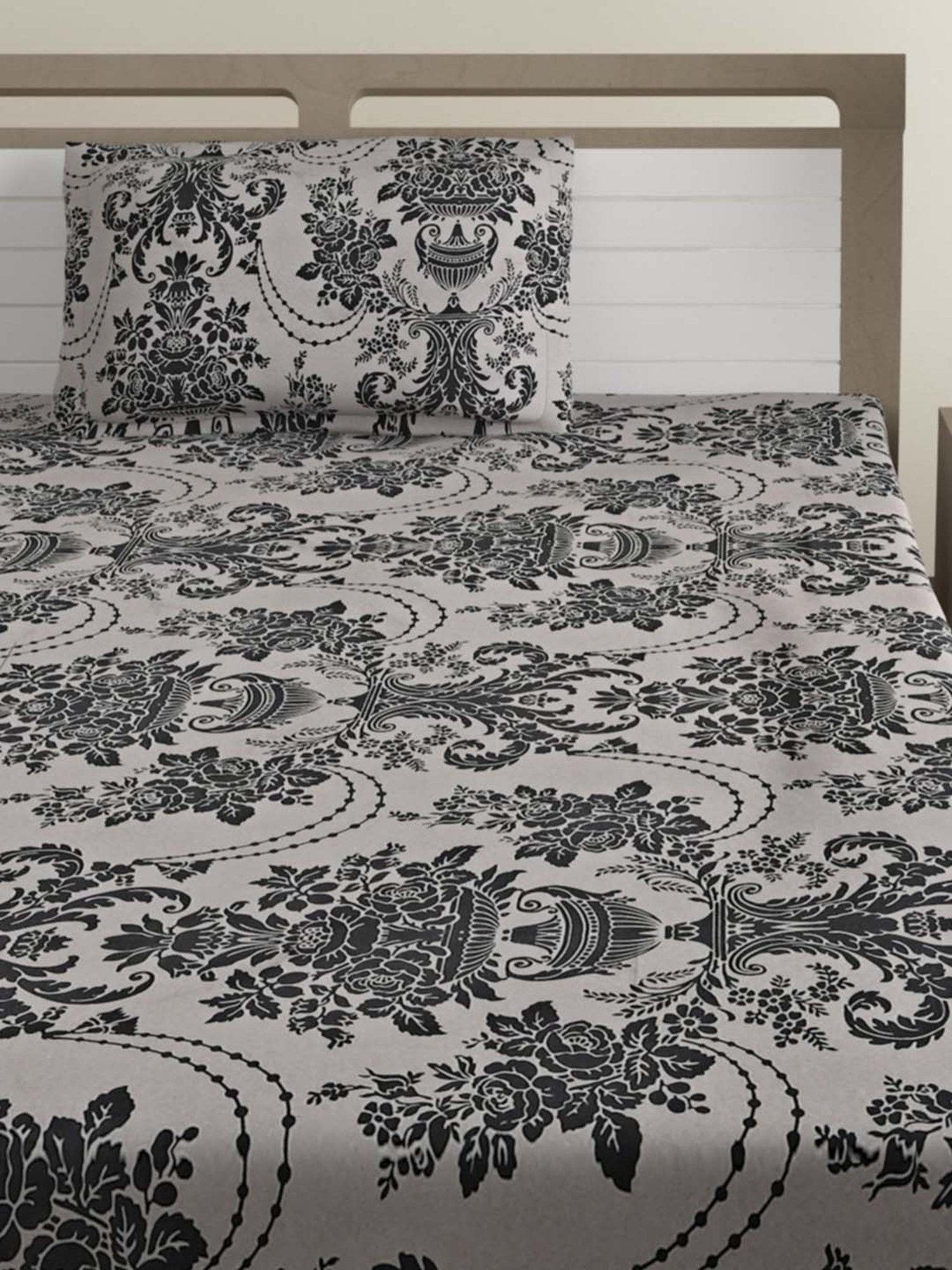 Swayam Sparkle Floral Black & White 120 TC Cotton Blend Single Bedsheet with 1 Pillow Cover