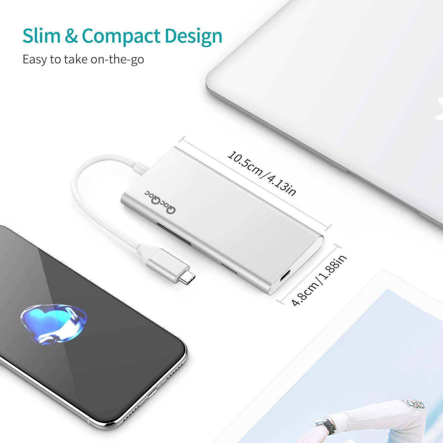 USB C Hub QacQoc 7-in-1 Type C Hub with PD Power Delivery, 4K USB C to HDMI, SD Card Reader, 3 USB 3.0 Ports for MacBook Pro and Type C Windows Laptops(Silver)