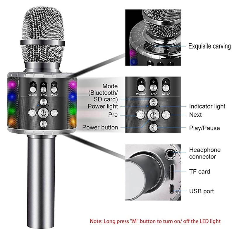 Wireless Bluetooth Karaoke Microphone with Controllable LED Lights Portable Handheld Karaoke Speaker Machine Christmas Birthday Home Party for AndroidiPhonePC or All SmartphoneSpace Gray