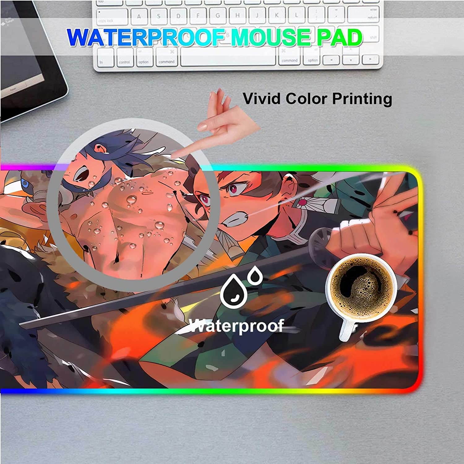 RGB Gaming Mouse Pad Anime Demon Slayer Kimetsu Tanjiro Inosuke Zenitsu,Laptop Desk Pad,Mousepad with Stitched Edge Frame & Non-Slip Rubber Base,Computer Keyboard and Mice Pads Mouse Mat 23.6X13.8