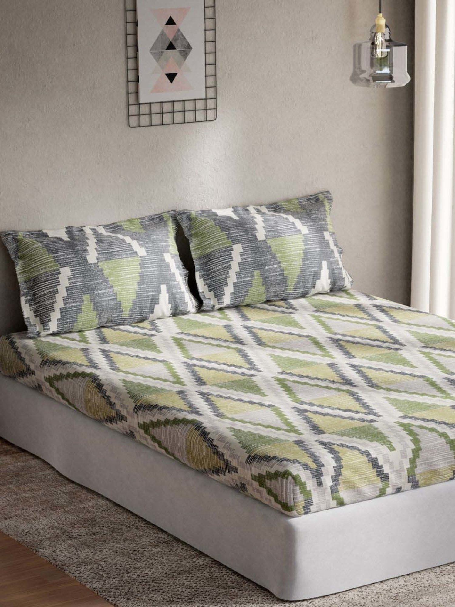 DDecor Plaza Geometric Green Cotton 144 TC Double Bedsheet With 2 Pillow Covers