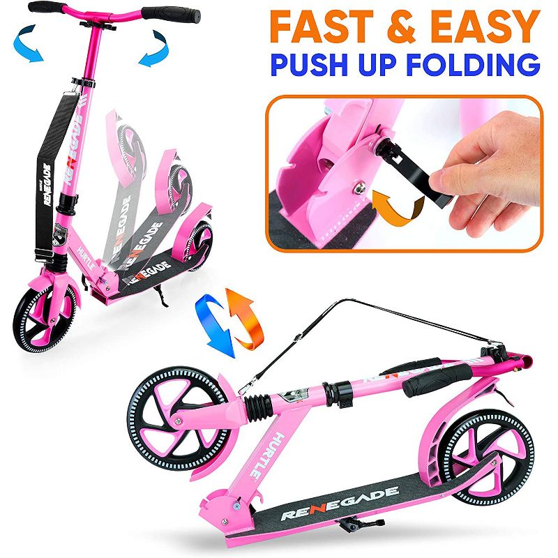 Hurtle Renegade HURTSPK.5 Lightweight Foldable Teen and Adult Adjustable Ride On 2 Wheel Transportation Commuter Kick Scooter, Pink