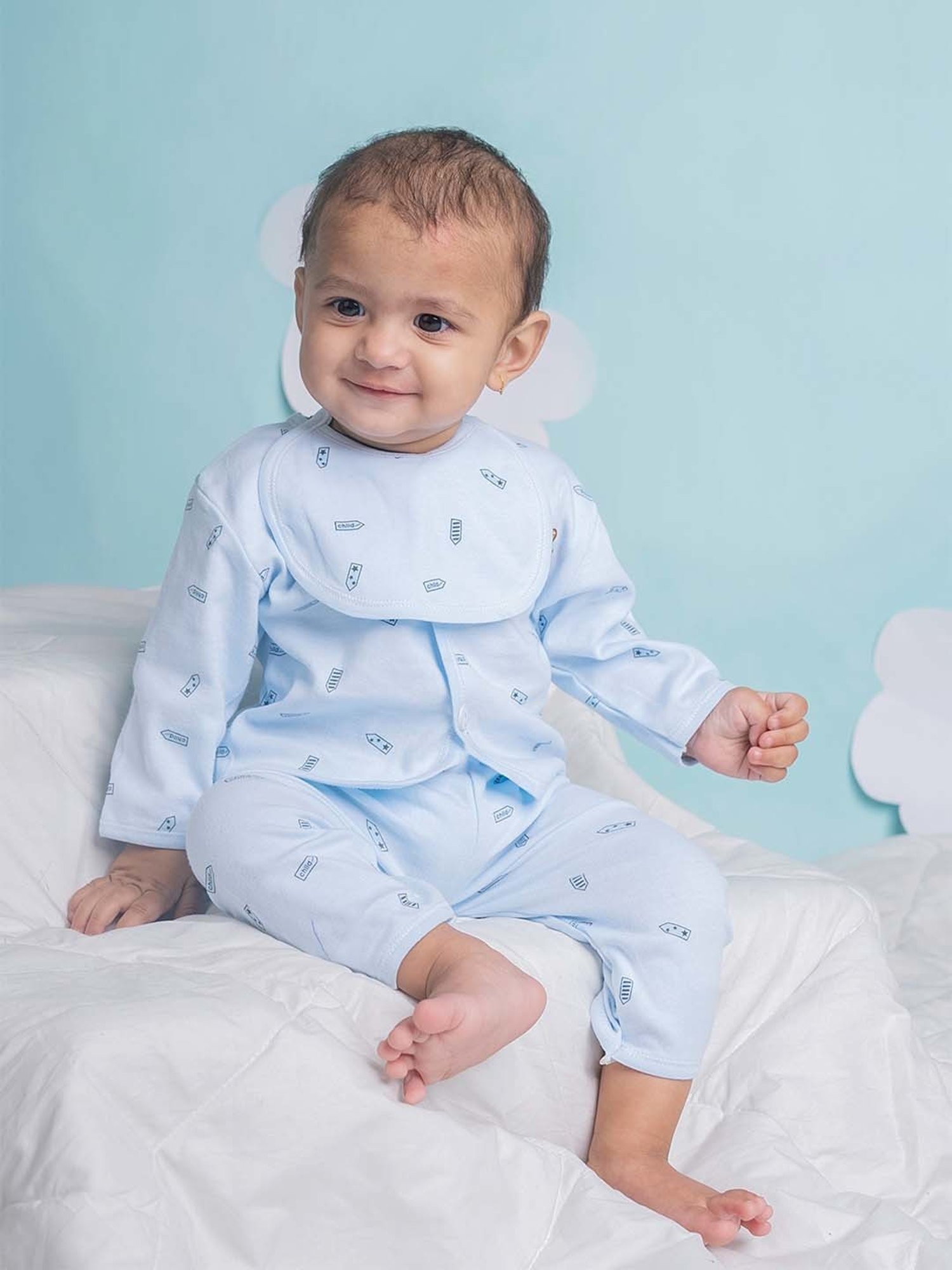 Baby Moo Kids Blue Printed Full Sleeves T-Shirt Set