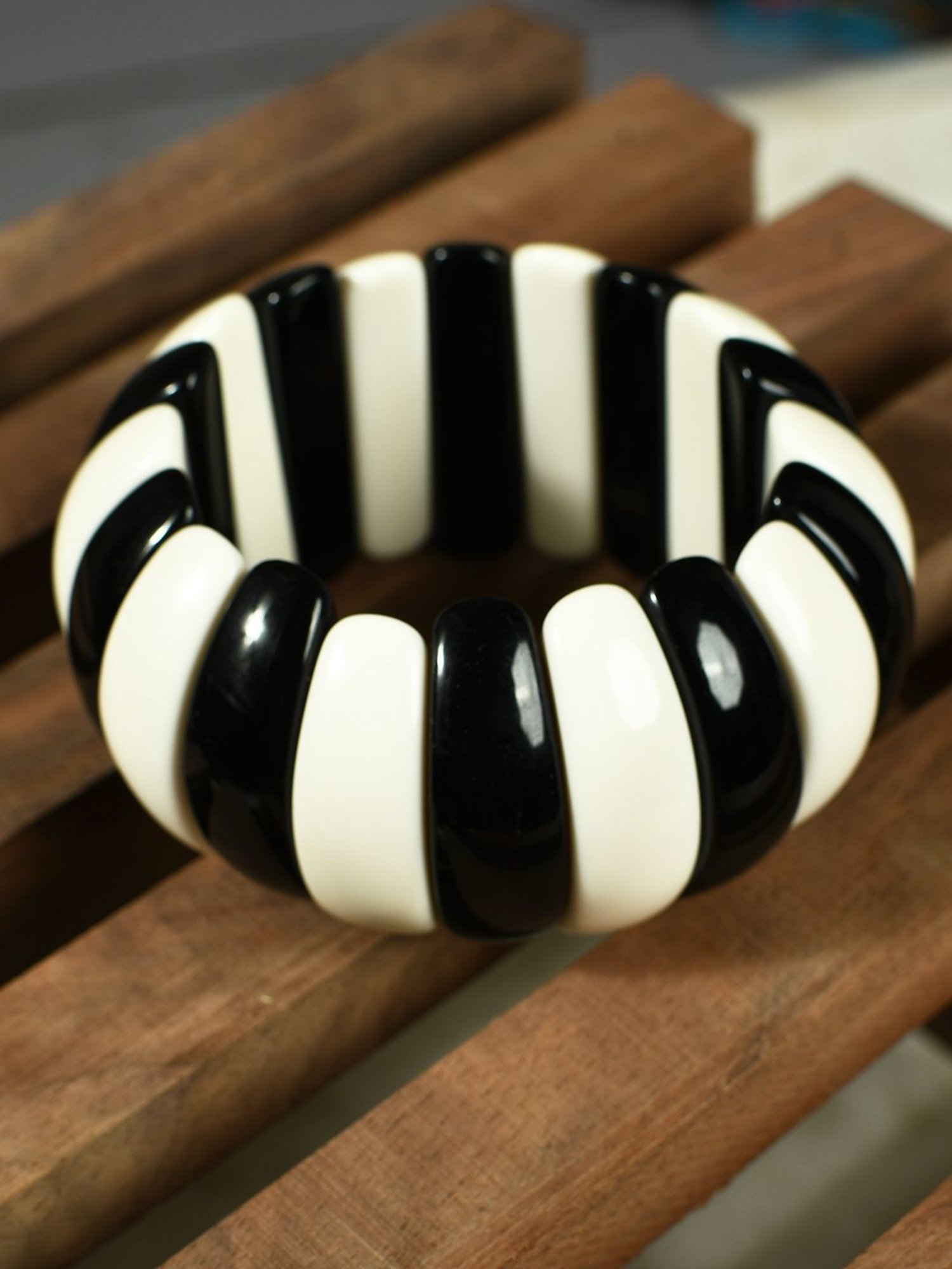 IMLI STREET Black & White Artificial Beaded Stretchable Bracelet for Women