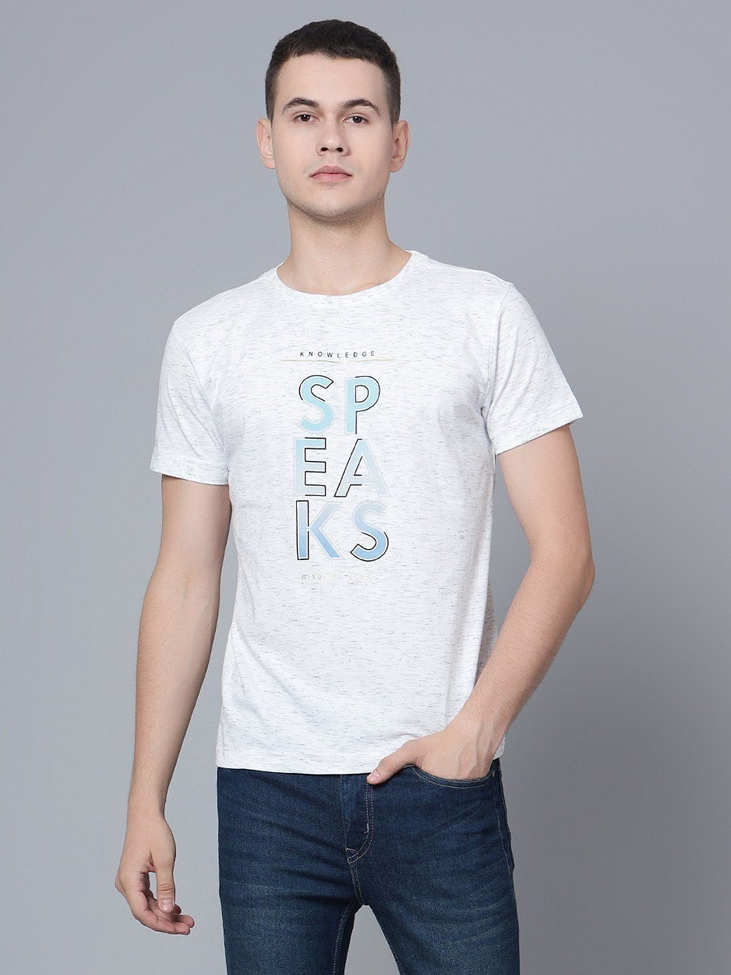 Cantabil Ecru Melange Cotton Regular Fit Printed T-Shirt