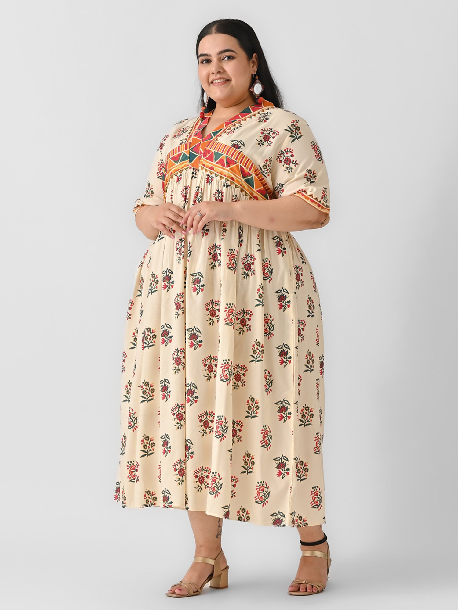 Rustorange Cream Printed Ethnic Dress