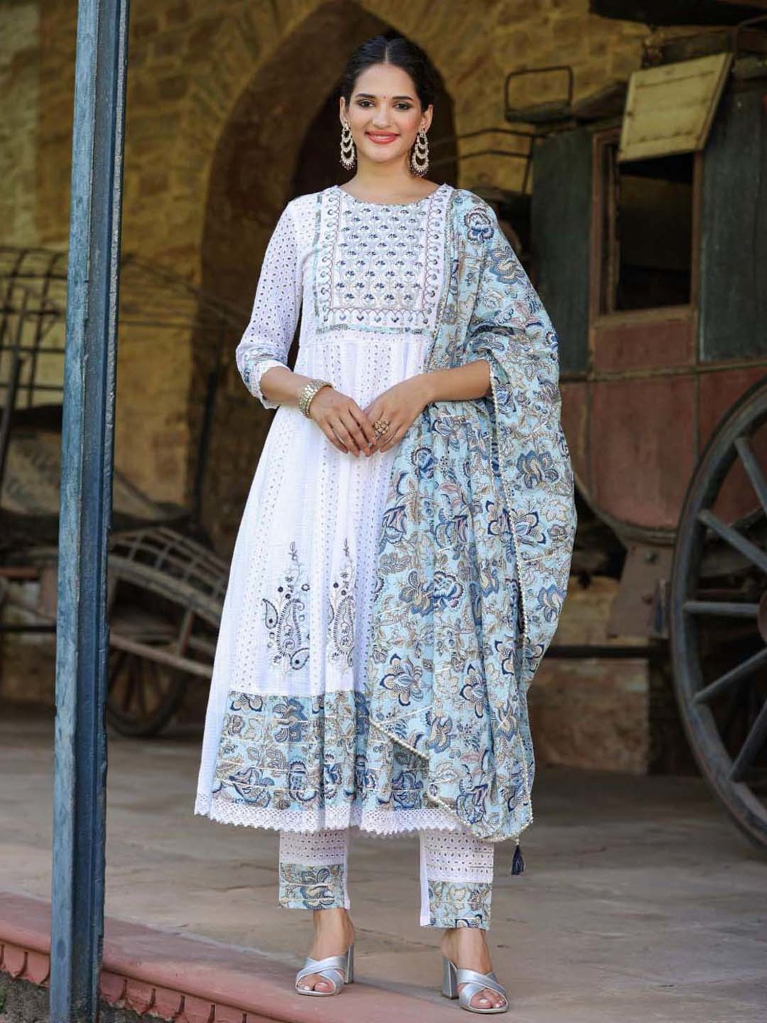 SCAKHI Pearl White Cotton Embroidered Kurta Pant Set With Dupatta