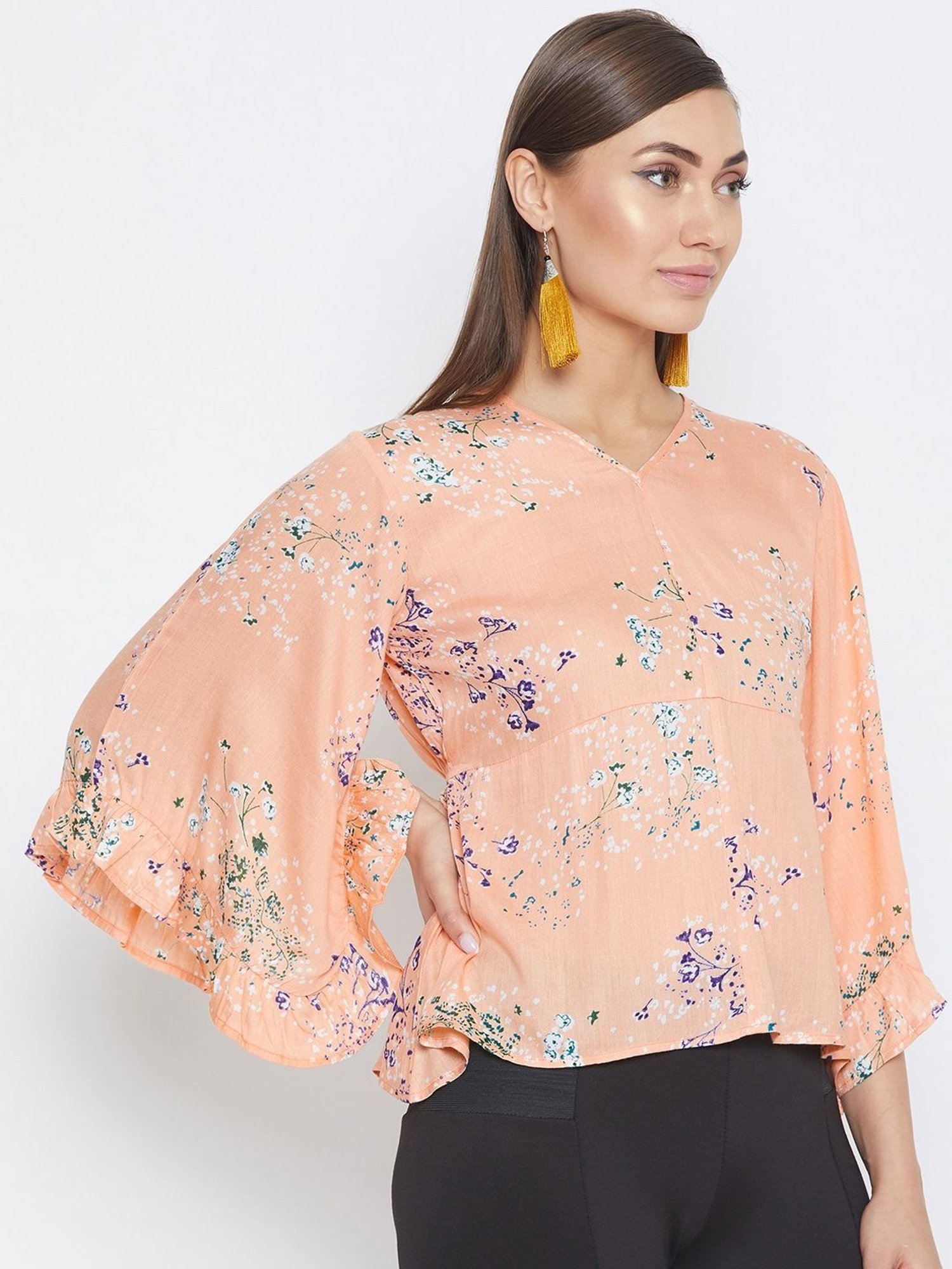 PURYS Peach Floral Print Top