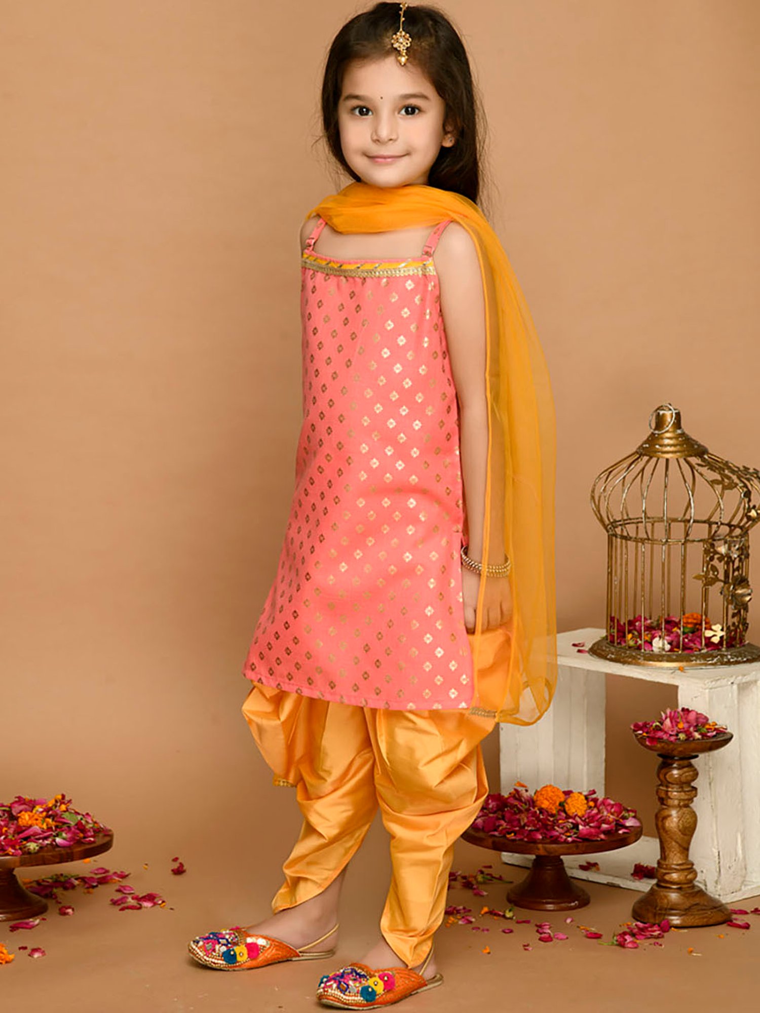 Saka Designs Kids Peach & Mustard Printed Kurta with Dhoti & Dupatta