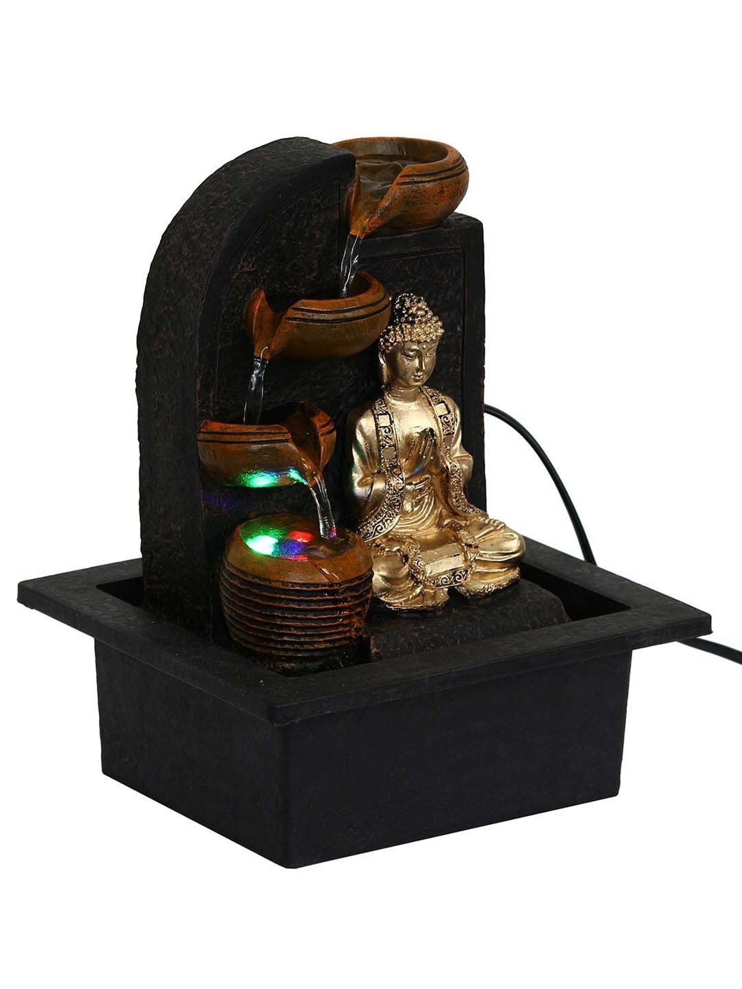 CHRONIKLE Brown & Golden Polyresin Namaskara Mudra Buddha 3 Steps Waterfall Fountain