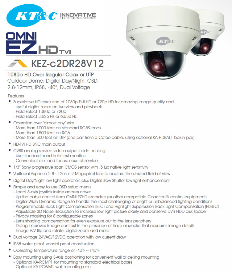 KT&C KEZ-c2DR28V12N 1080p HD-TVI Outdoor Dome
