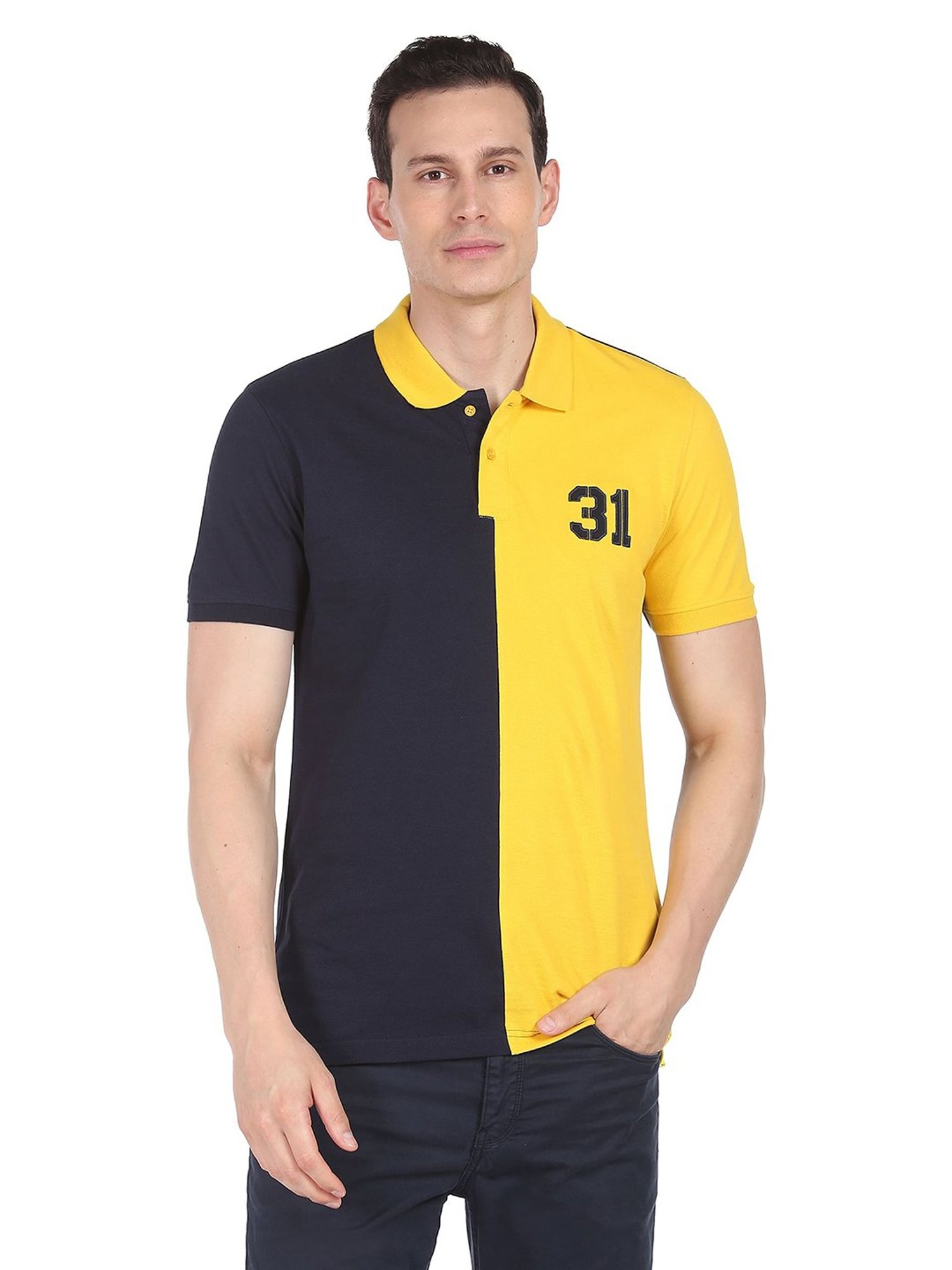 AD by Arvind Navy & Yellow Polo T-Shirt