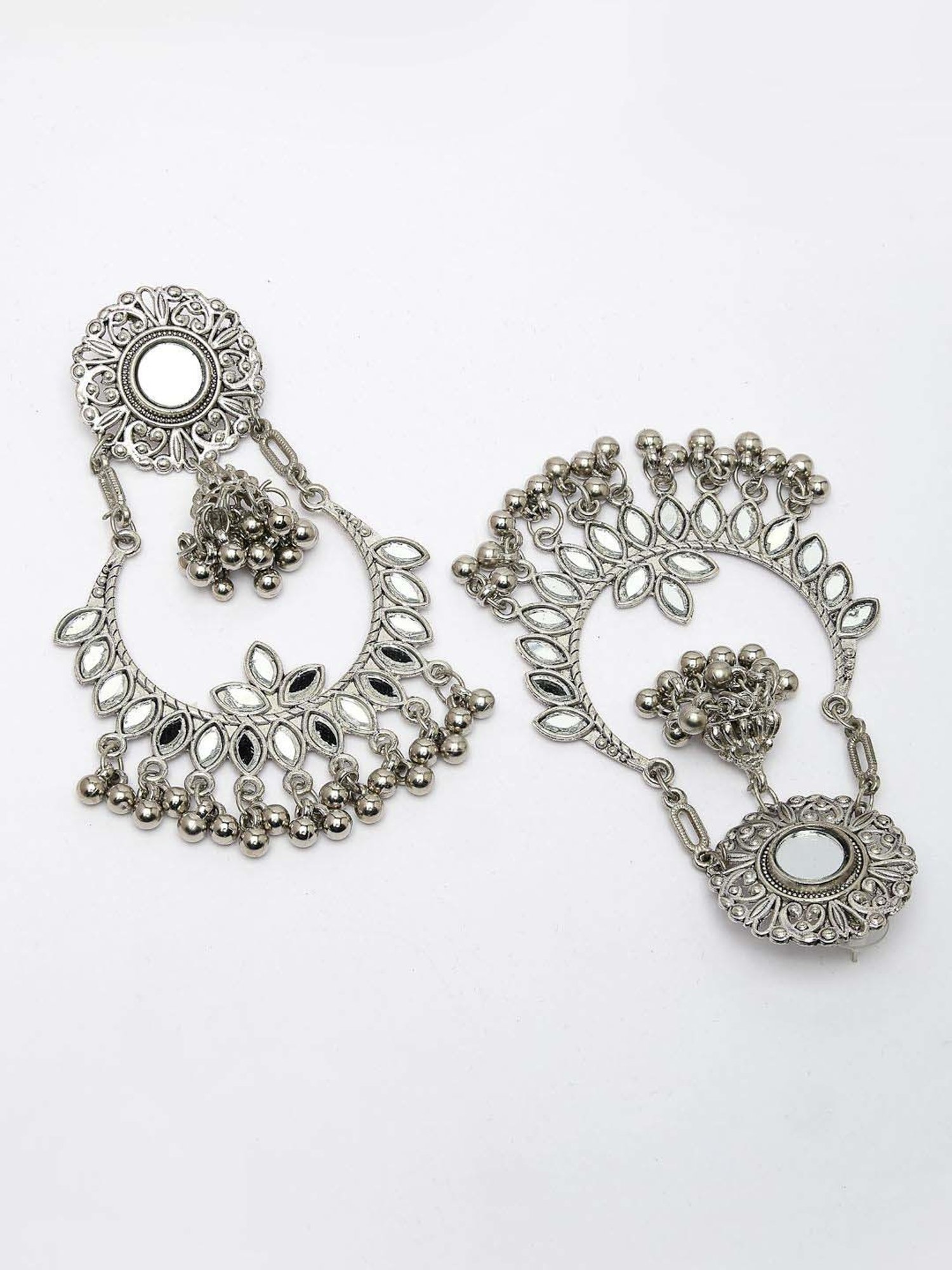 NVR Silver-Plated Mirror Work Oxidized Chand Bali Earrings for Women