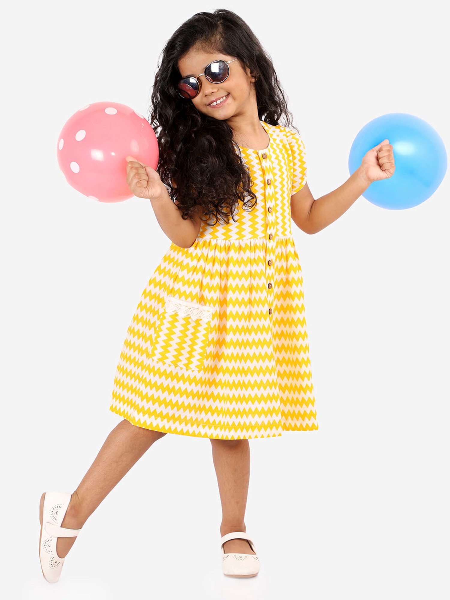 Lil Drama Kids Yellow & White Printed Dress