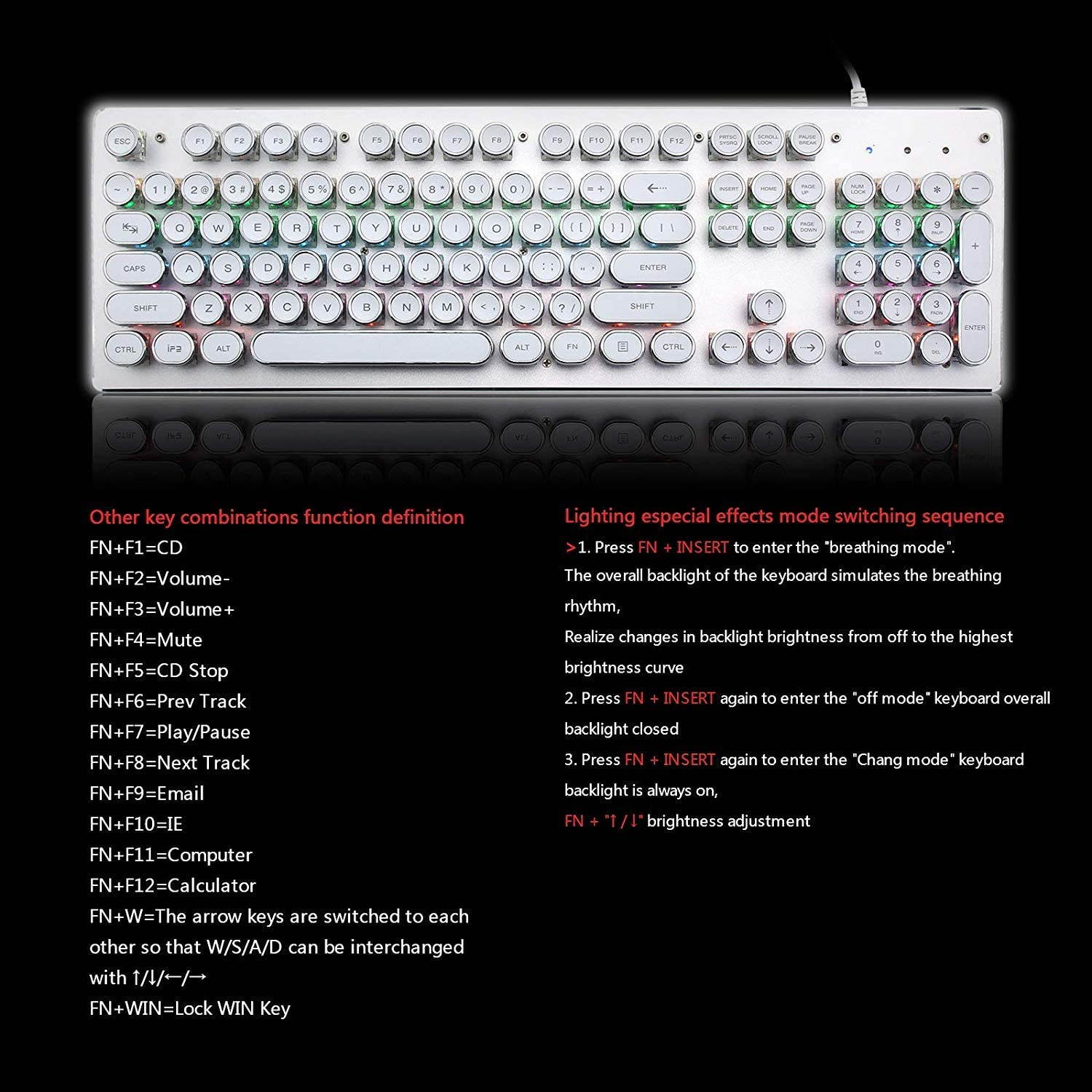 USB LED Backlit Retro Typewriter Mechanical Keyboard -Blue Switch - Round Keycaps -104 Keys Vintage Inspired Steampunk Gaming Keyboard Mechanical Gaming Keyboard for PC/Mac/Gamer/Typ