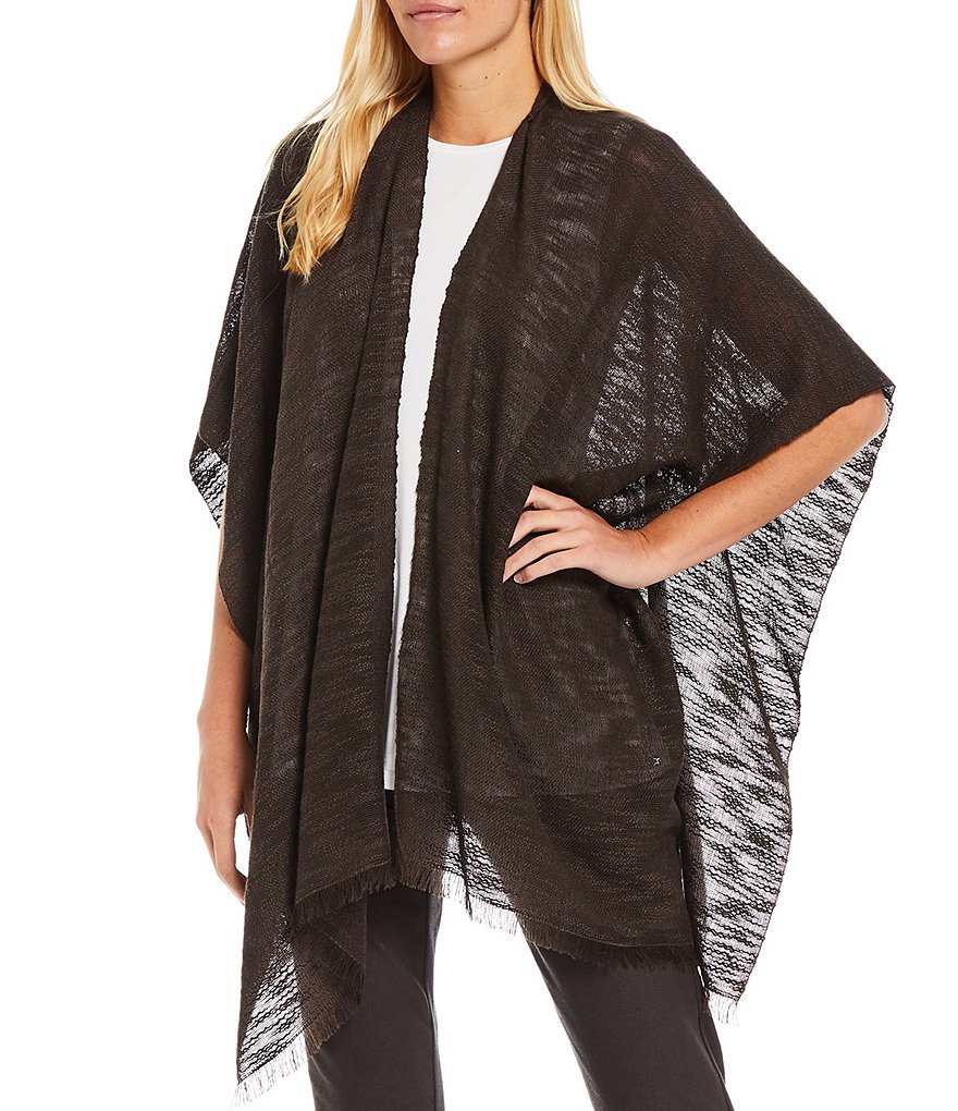 Eileen Fisher Open Neck 3/4 Sleeve Handwoven Cotton & Alpaca Slub Poncho