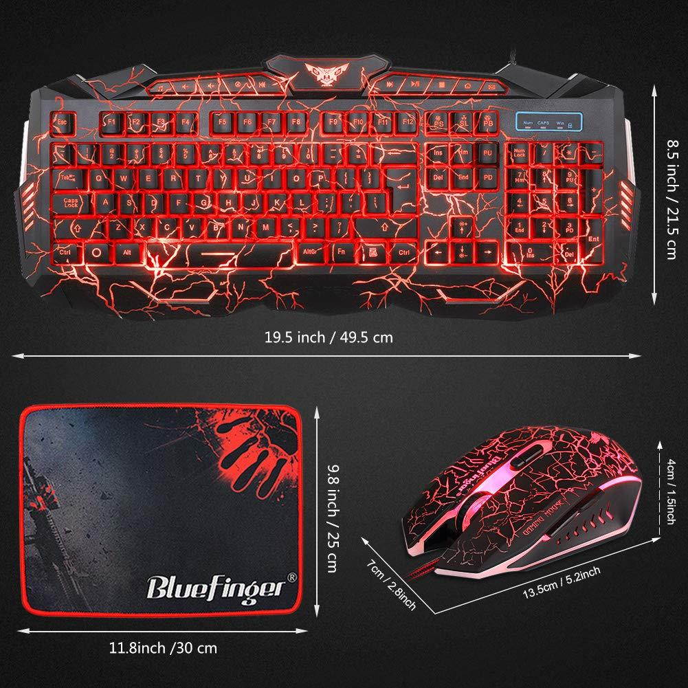 BlueFinger Mechanical Feeling Gaming Keyboard,Gaming Mouse and Mouse Pad Combo,USB Wired Keyboard,114 Keys Letters Glow,3 Color Blue/Red/Purple Backlit Crack Pattern,Keyboard Bundle for Computer Gamer