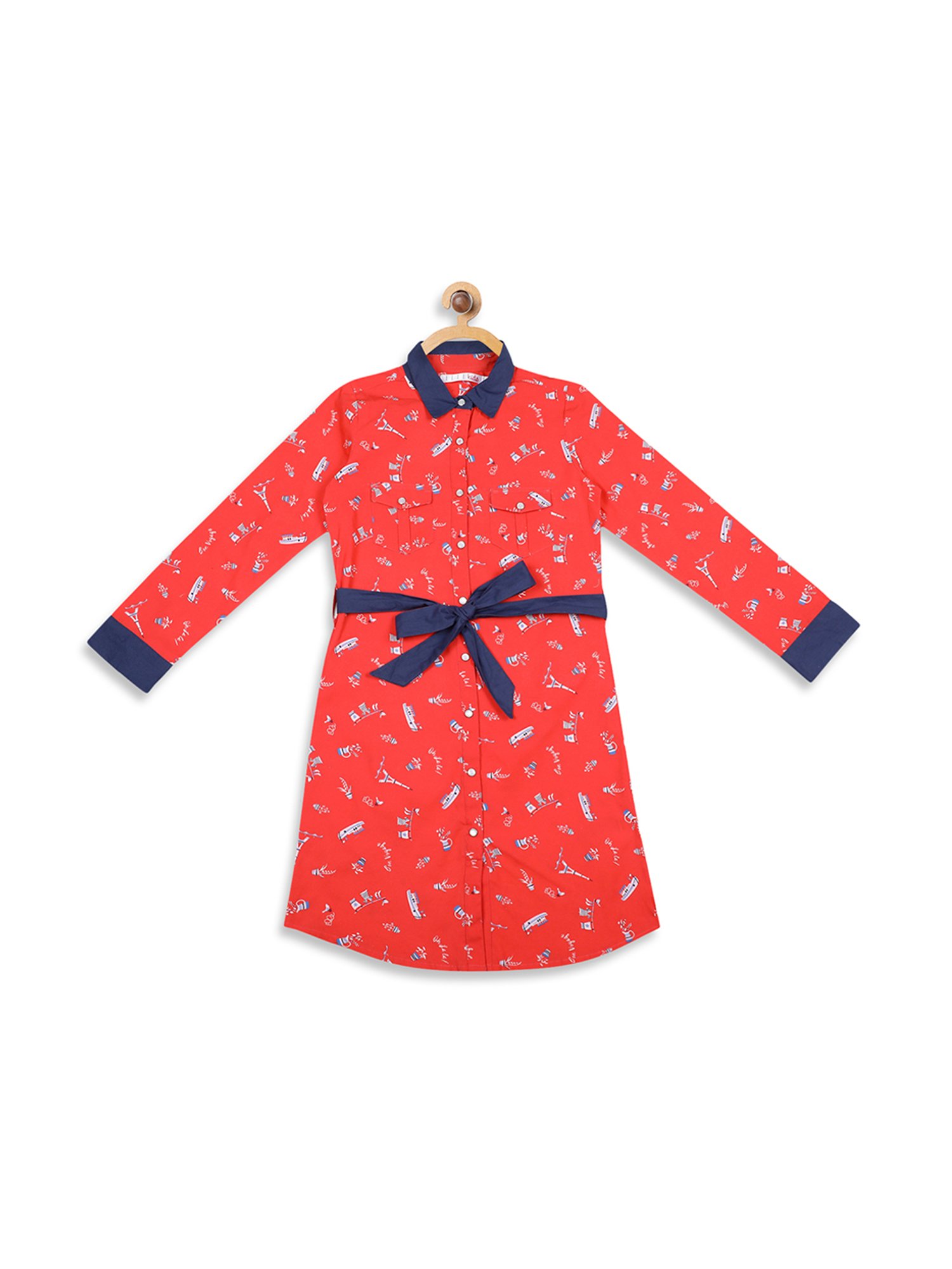 Elle Kids Red Printed Dress With Tie Belt