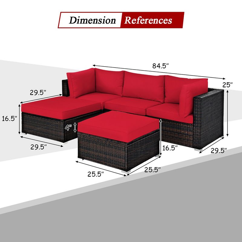 Costway 5PCS Patio Rattan Furniture Set Sectional Conversation Set Ottoman Table Red