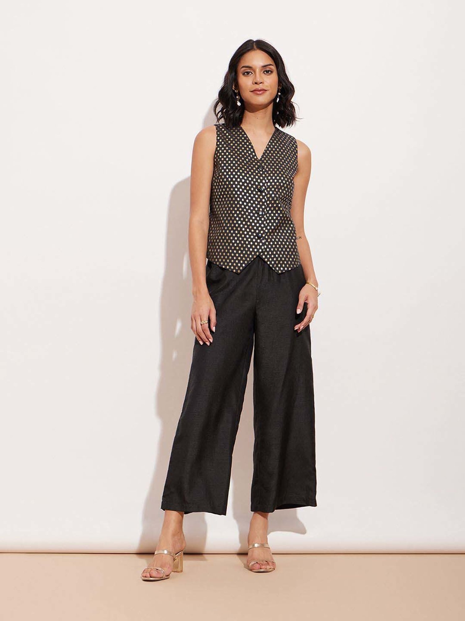 Pink Fort Black Cotton Printed Waistcoat