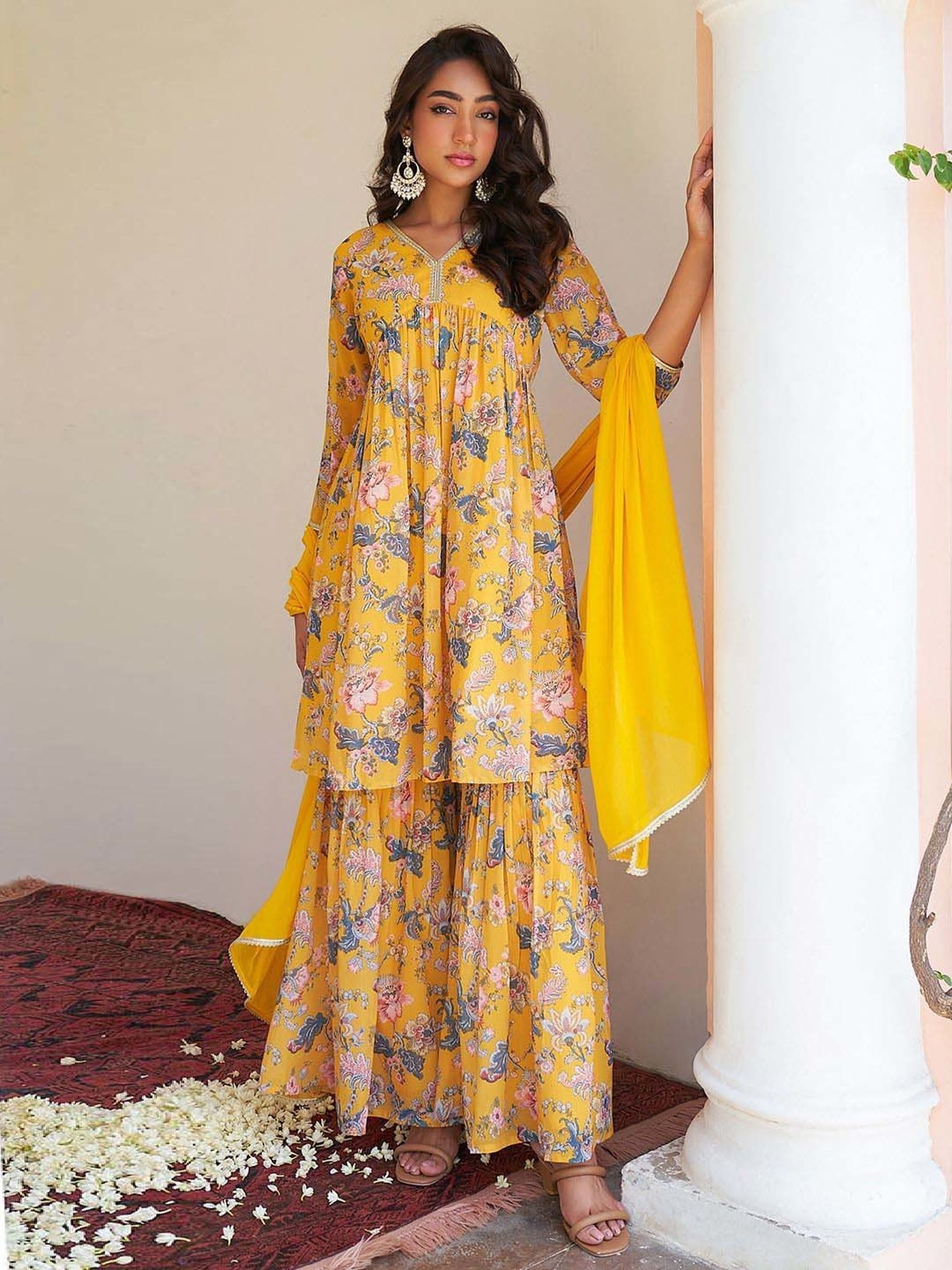 Janasya Yellow Floral Print Kurta & Sharara Set With Dupatta