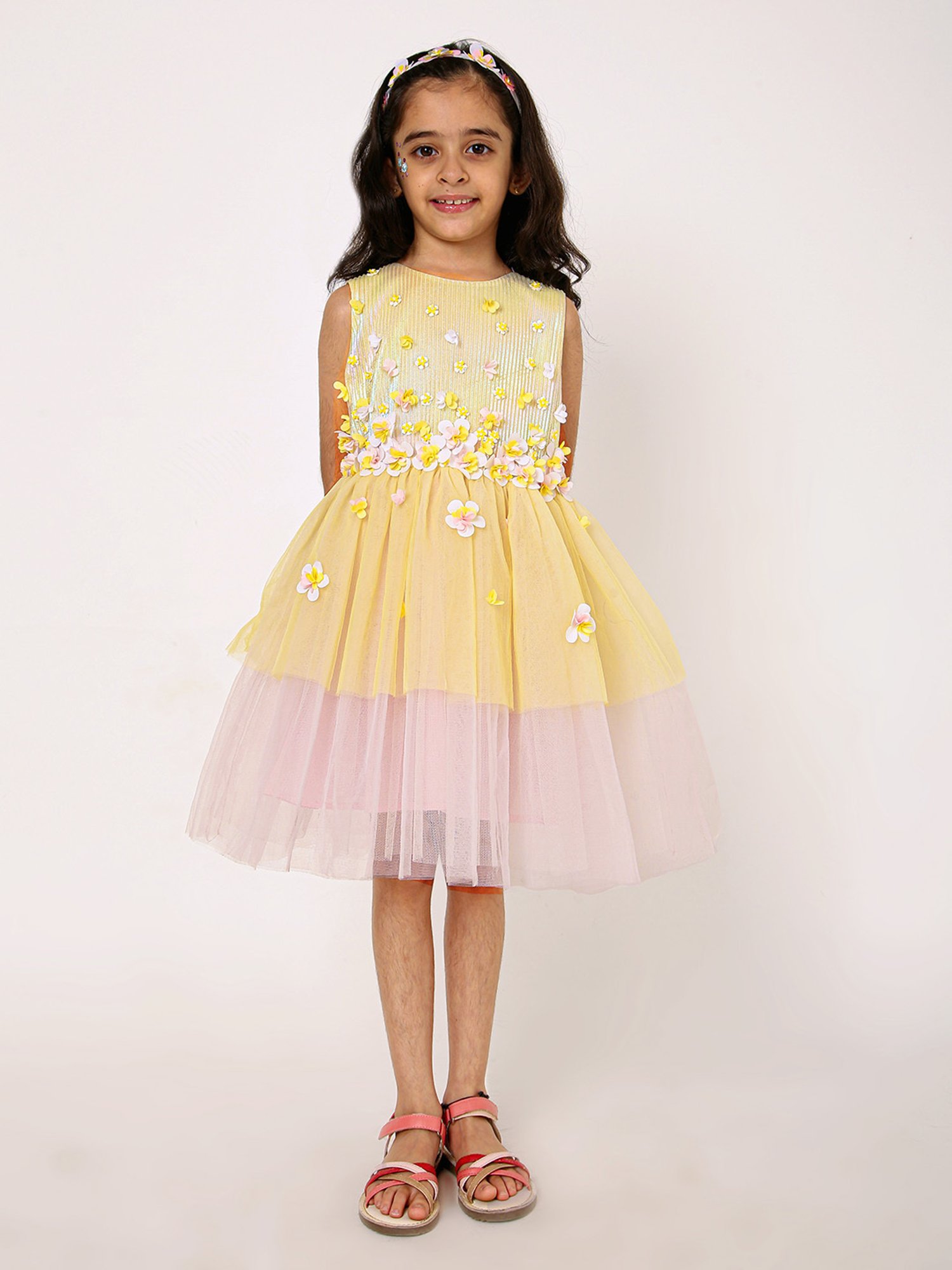 A Little Fable Girls Yellow & Pink Applique Dress