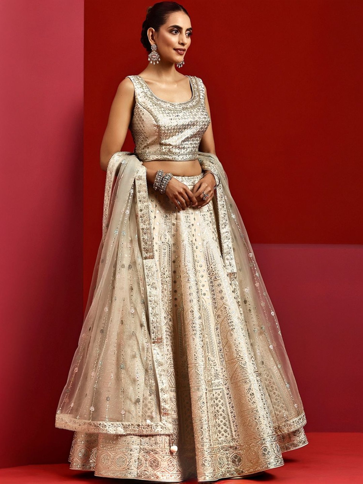 Silk Land Beige & Blue Woven Pattern Semi Stitched Lehenga Choli Set With Duppata