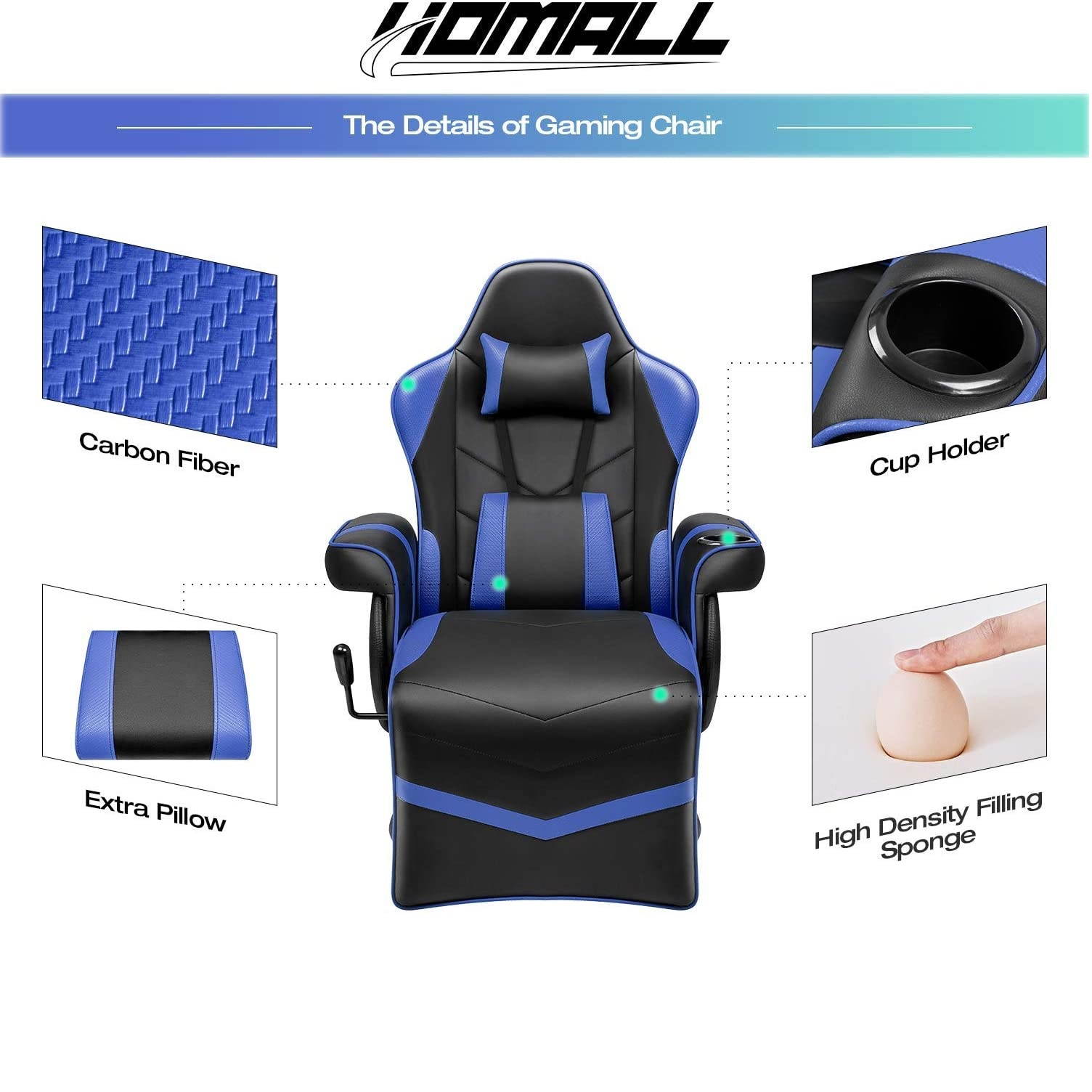 Homall Computer Racing Style PU Leather Ergonomic Adjusted Reclining Video Gaming Single Sofa Chair with Footrest Headrest and Lumbar Support (White)