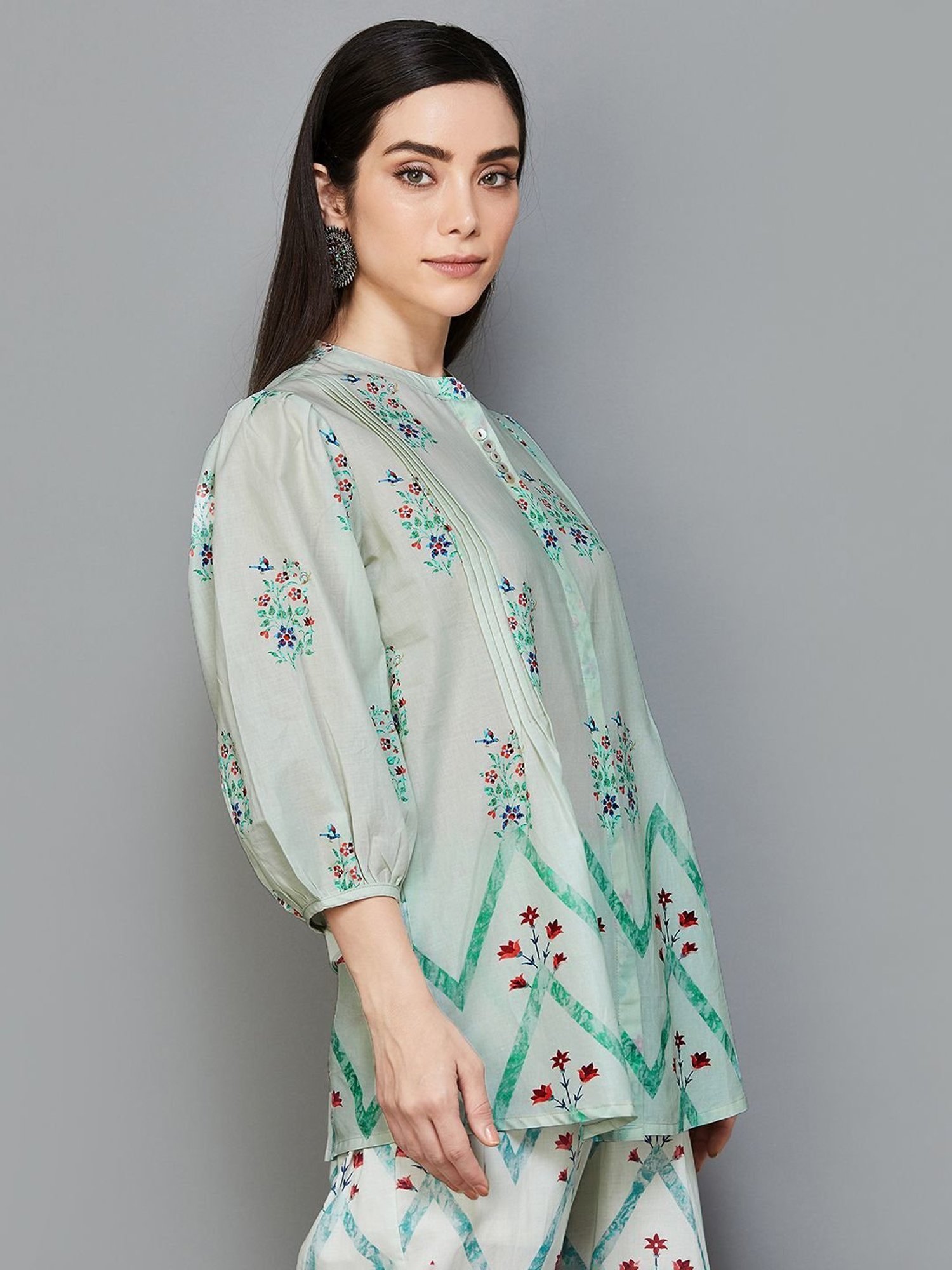 Melange by Lifestyle Sage Green Cotton Floral Print Tunic